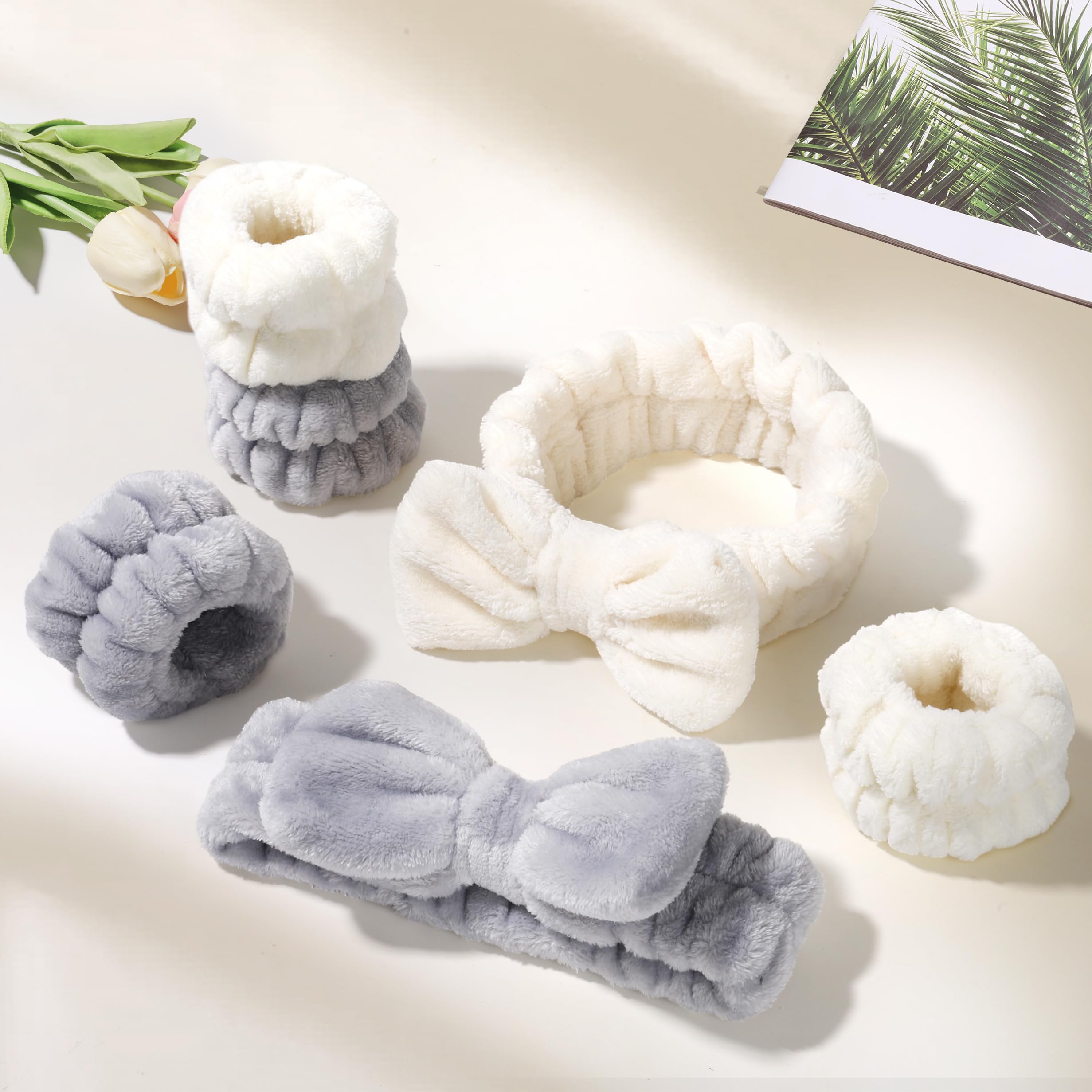 6 Pcs Spa Headband And Wristbands,Coral Fleece Makeup Headband Cosmetic Headband For Washing Face, Bow Headbands For Shower Terr