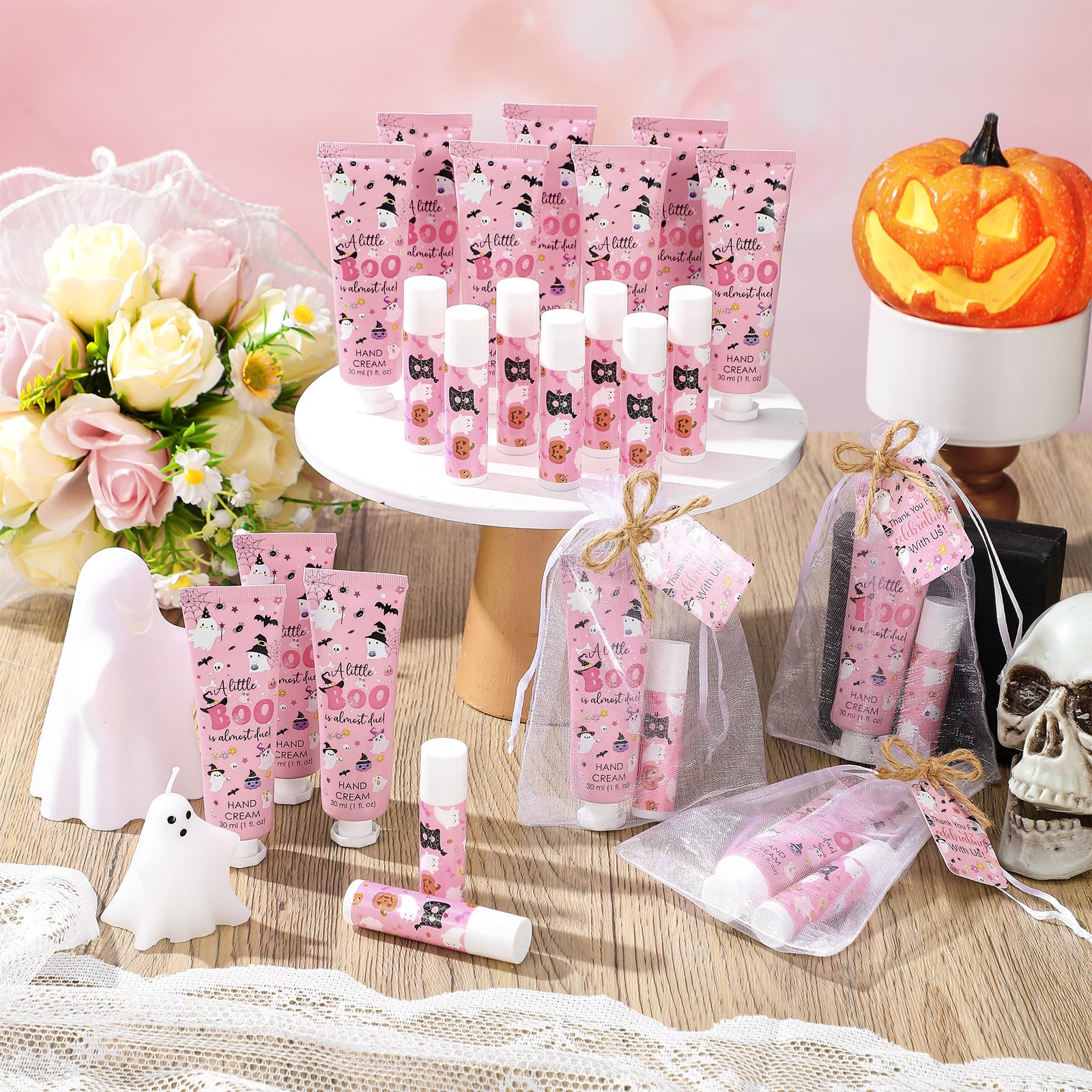 Dansib 24 Sets Halloween a Little Boo Is Almost Due Baby Shower Hand Cream and Lip Balm Gift Travel Size Hand Lotion and Lip Bal