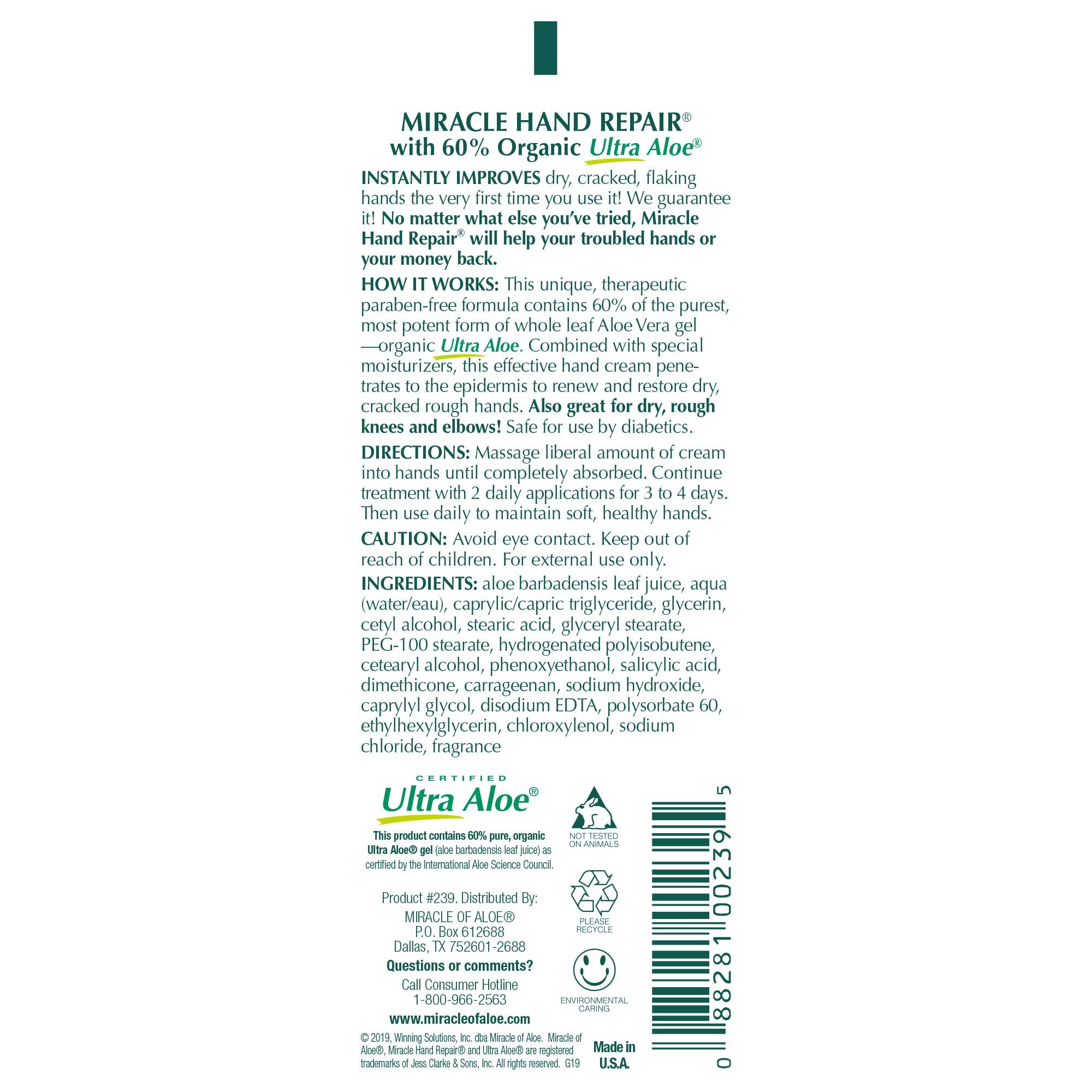 Miracle Of Aloes Miracle Hand Repair Cream 8 Oz Healing Aloe Vera Lotion For Dry, Cracked Hands With 60% Ultra Aloe Gel - Moistu