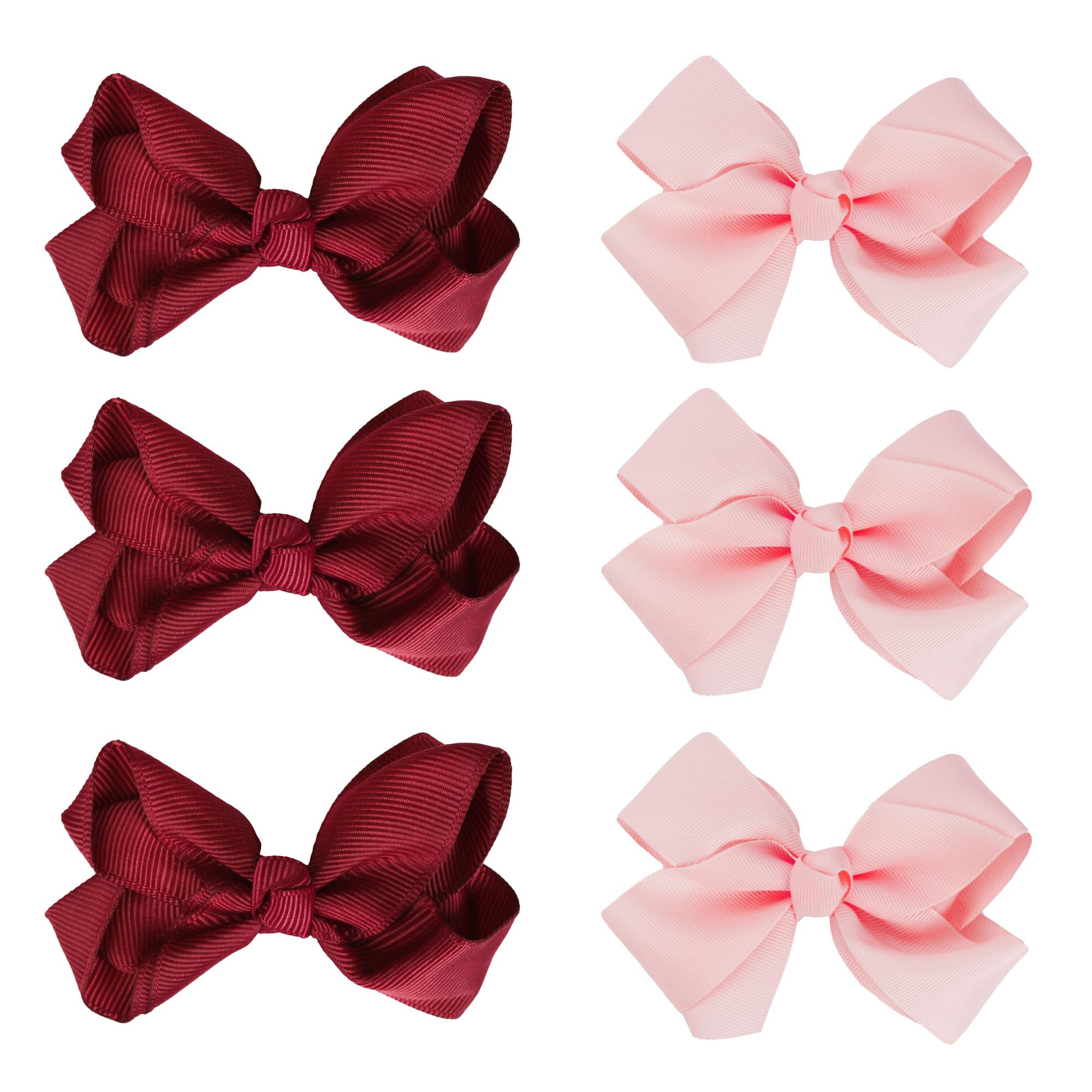 3 Inch Grosgrain Bow for Little Girls Set of 6 (Burgundy and Light Pink)