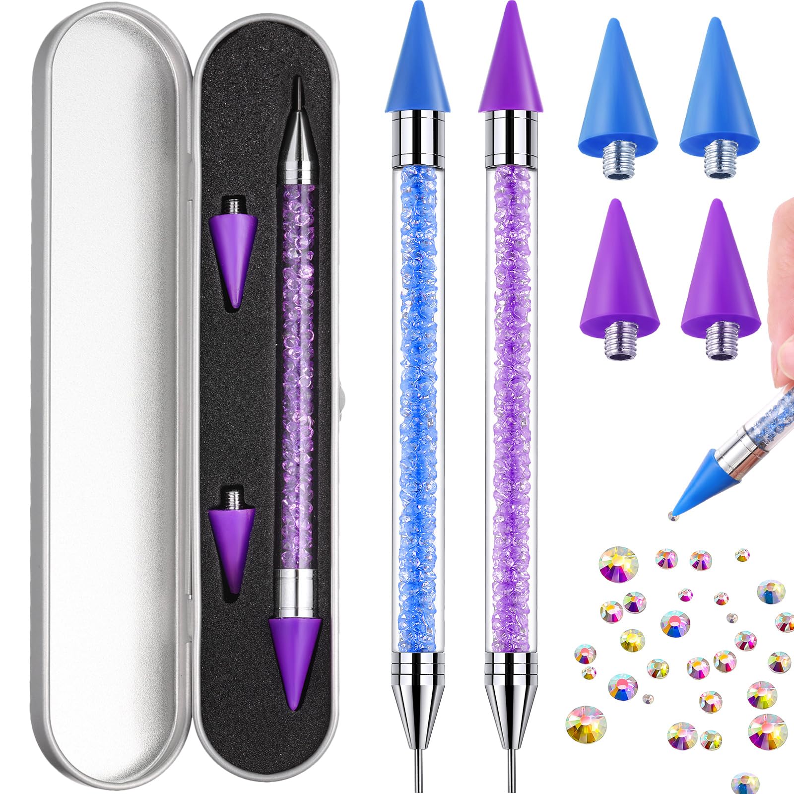 Tatuo 2 Pieces Rhinestone Picker Dotting Pen, Valentine's Day Dual Ended Rhinestone Gems Crystals Studs Picker Nail Wax Pencil C