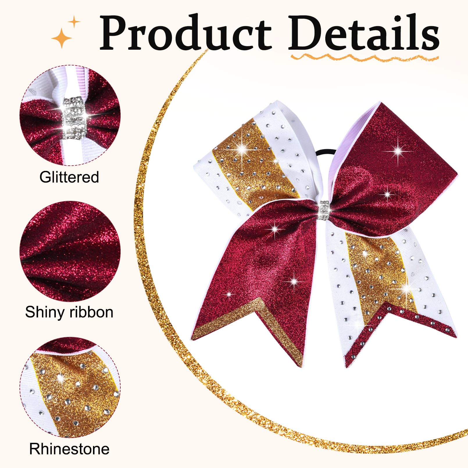8 PCS Large Glitter Cheer Bows 8 Rhinestones Hair Bows Sparkly Cheerleading Softball Team Bow Hair Ponytail Holder Accessories f