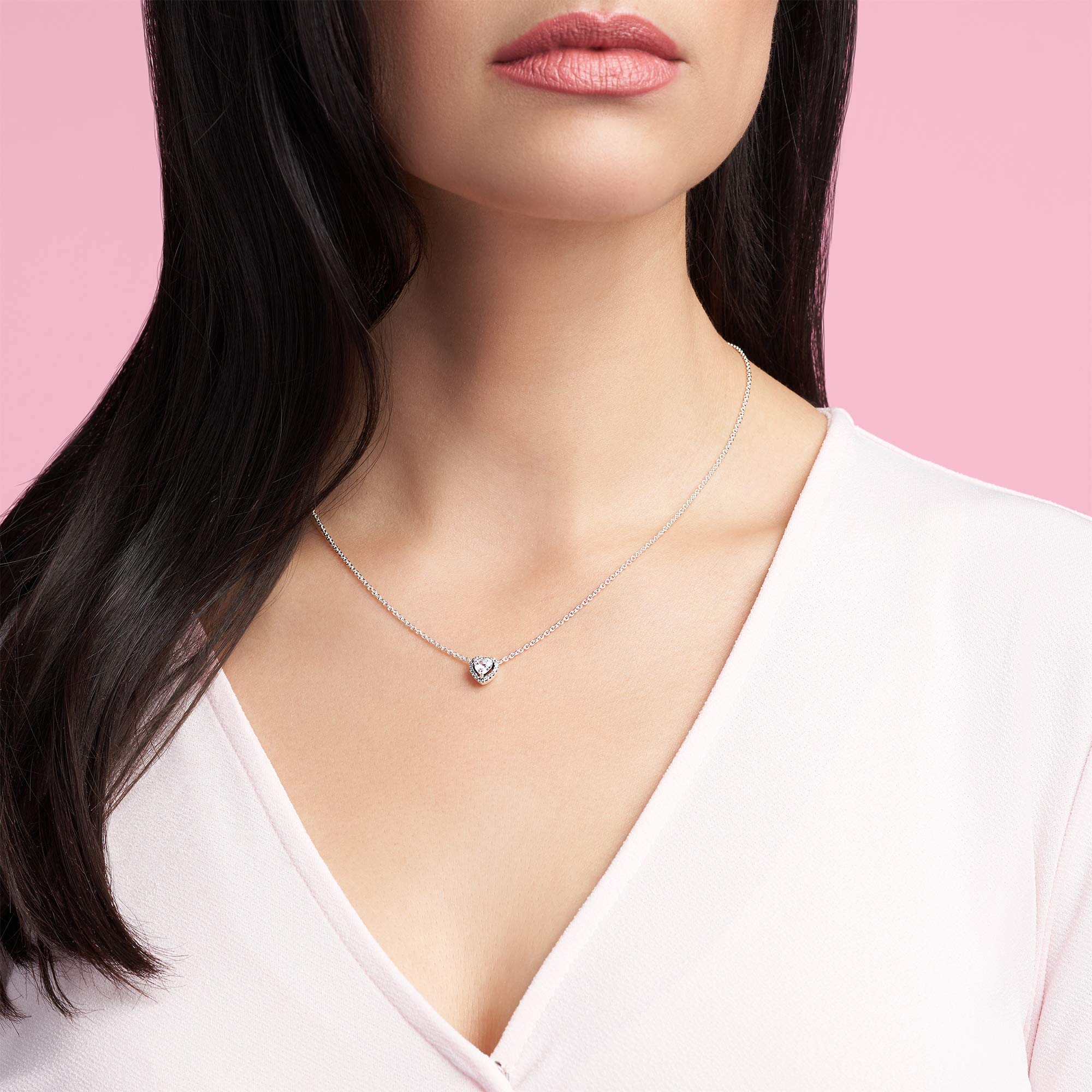 Pandora Jewelry Elevated Heart Cubic Zirconia Necklace in Sterling Silver, 17.7, No Box