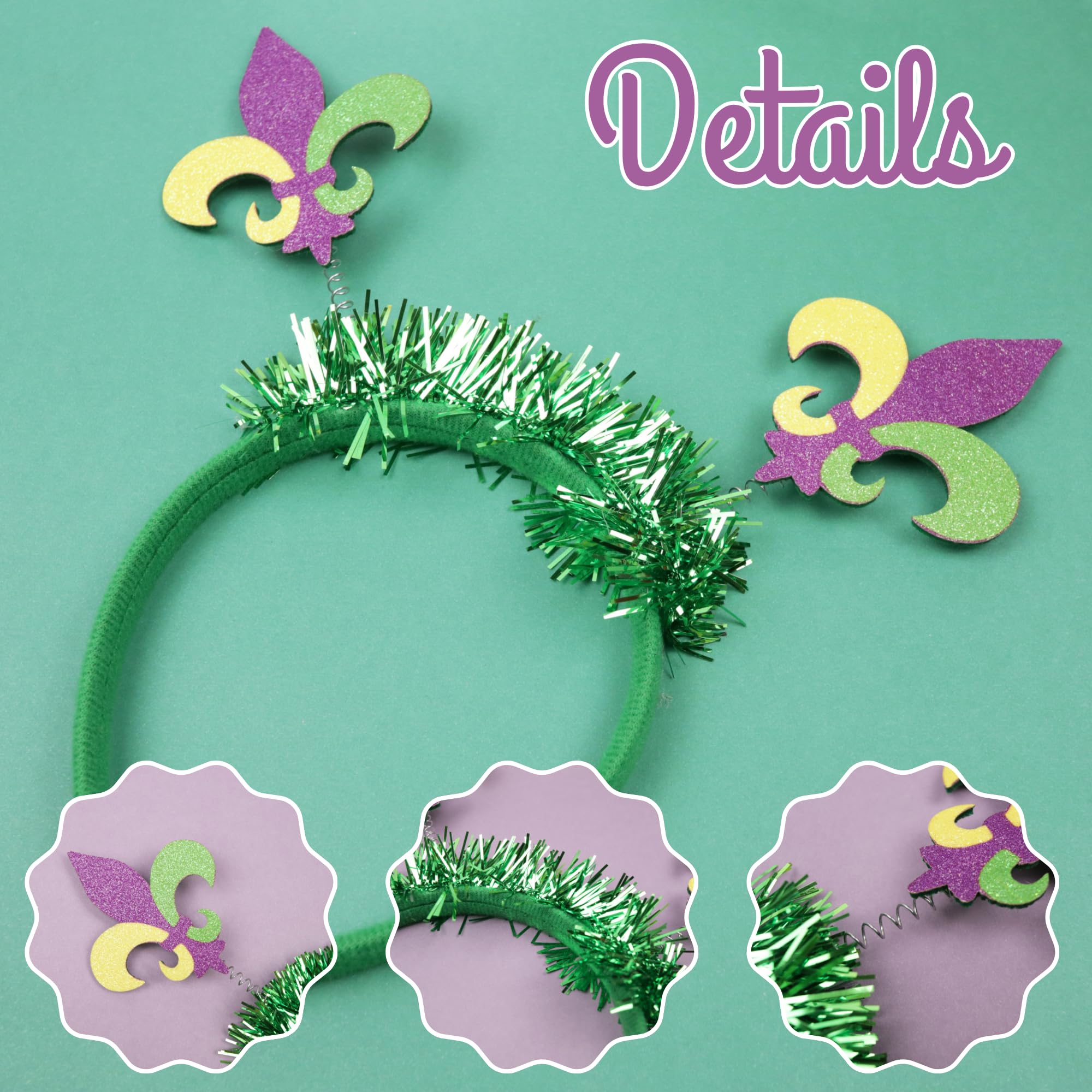Needzo Mardi Gras Headband, Fleur De Lis Glittery Bopper Hair Band, Festive Party Parade Accessory, One Size Fits Most