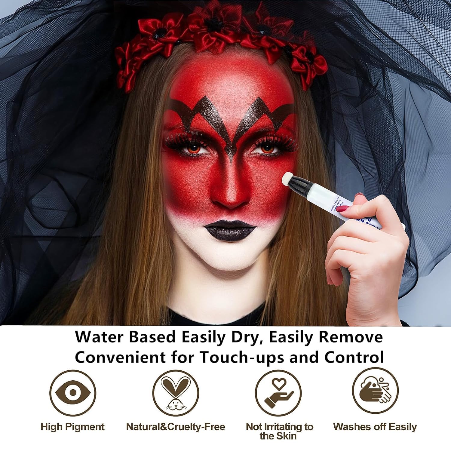 Go Ho Red Face Paint Stick,Water Based Cream Red Body Paint Washable,Face Paint Kit Full Covers Oil-Free,Halloween Cosplay Sfx R