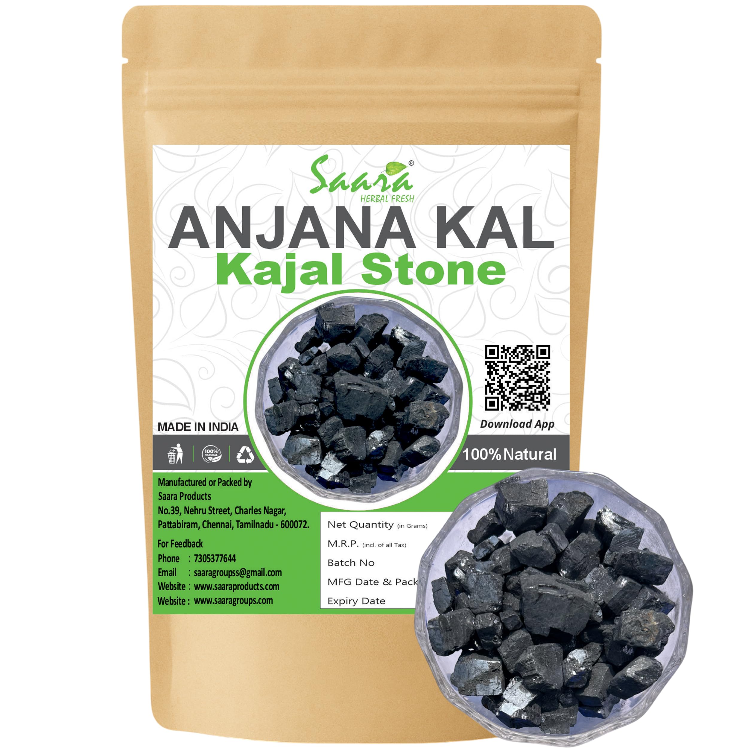 Saara Herbal Fresh Original Anjana Kal Kajal Stone | Surma | Kanmashi | Kanmashi - 100G