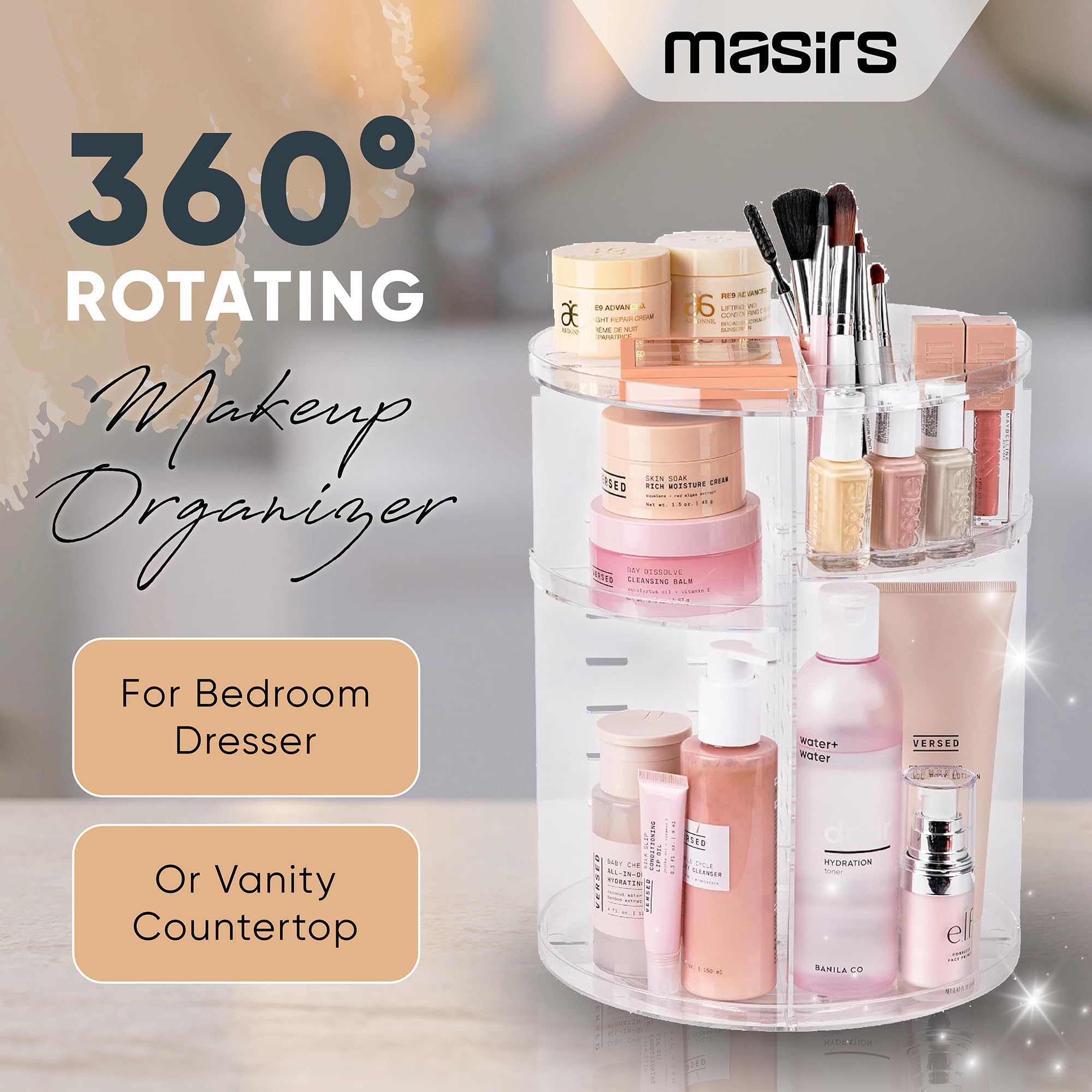 Masirs 360 Rotating Makeup Organizer, Adjustable Shelf Height And Fully Rotatable, The Perfect Cosmetic Organizer For Bedroom Dr