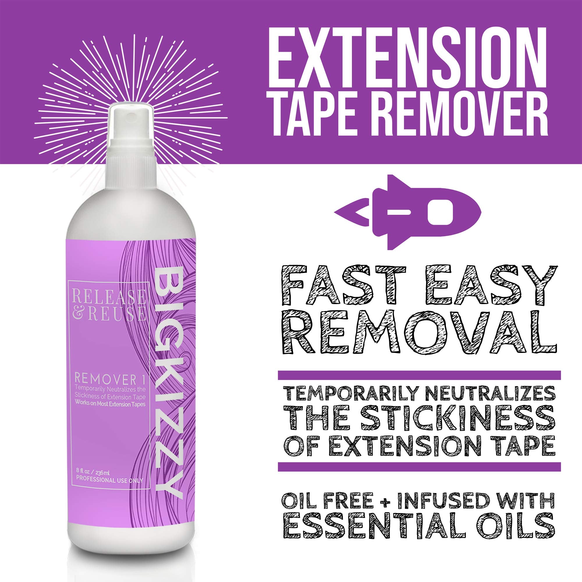 Big Kizzy Remover 1 Tape In Extension Remover, The Fastest & Easiest Tape-In Hair Extensions Adhesive Remover, 8 Oz