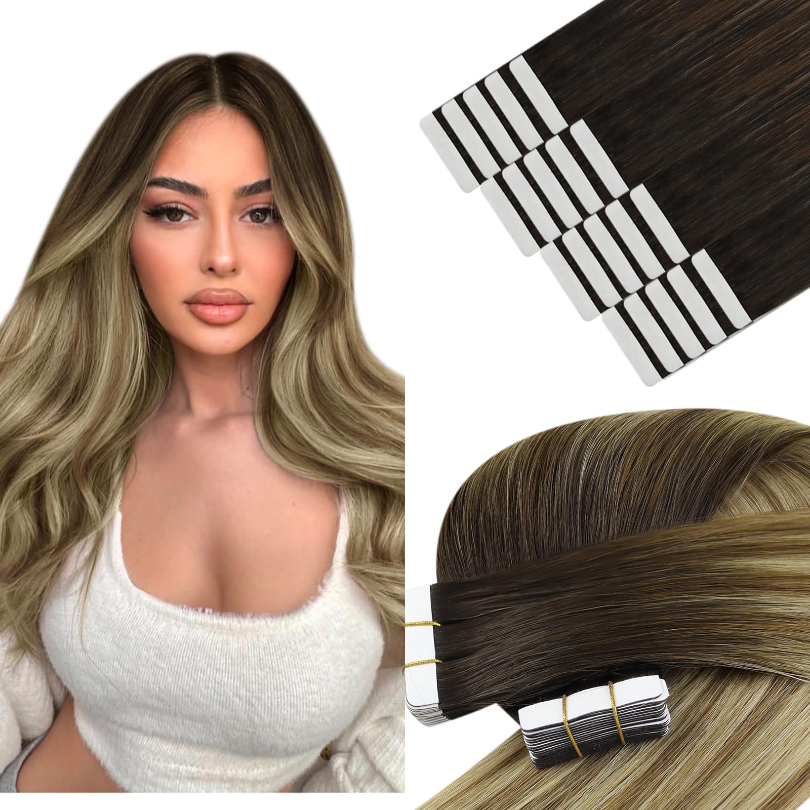 YoungSee Tape in Hair Extensions Human Hair Balayage Brown Hair Extensions Real Human Hair Tape in Dark Brown Ombre Medium Brown