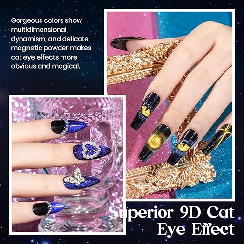 Mizhse 9D Cat Eye Gel Nail Polish, 8 Colors Upgraded Magnetic Gel Polish Kit With Magnet Stick, Galaxy Chameleon Effect Silky Ca