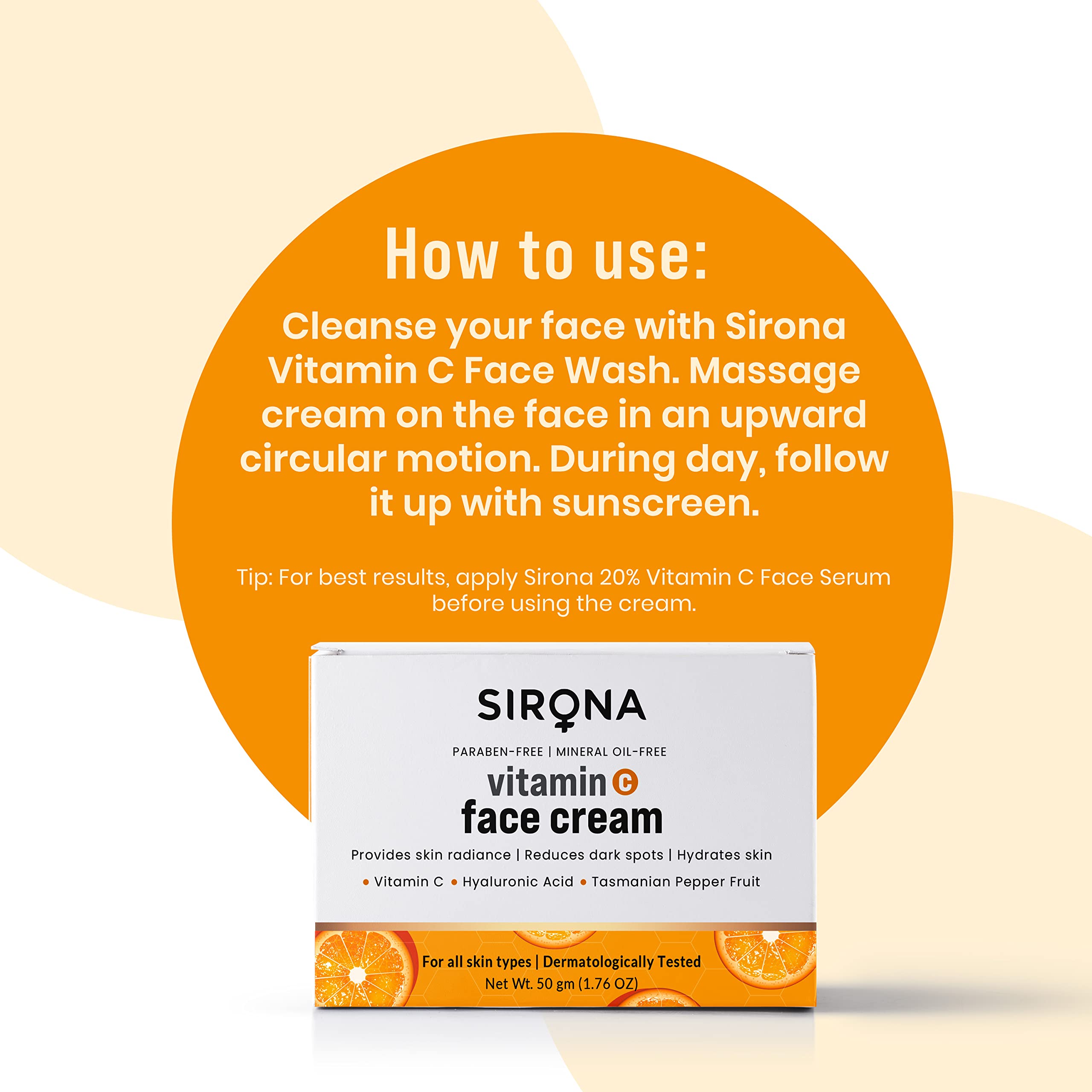 Sirona Vitamin C Face Cream for Hydrates Skin, Provides Skin Radiance & Reduces Dark Spots with Hyaluronic Acid & Tasmanian Pepp
