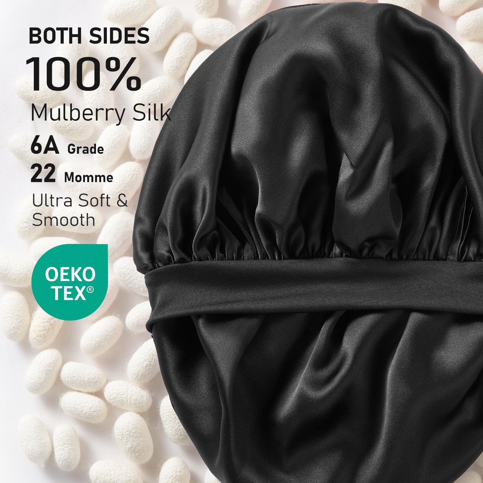 Litbear 100% Mulberry Silk Bonnet For Sleeping Women, 6A 22 Momme, Large Double-Layer Silk Hair Wrap With Tie Band, Non-Slip Sil