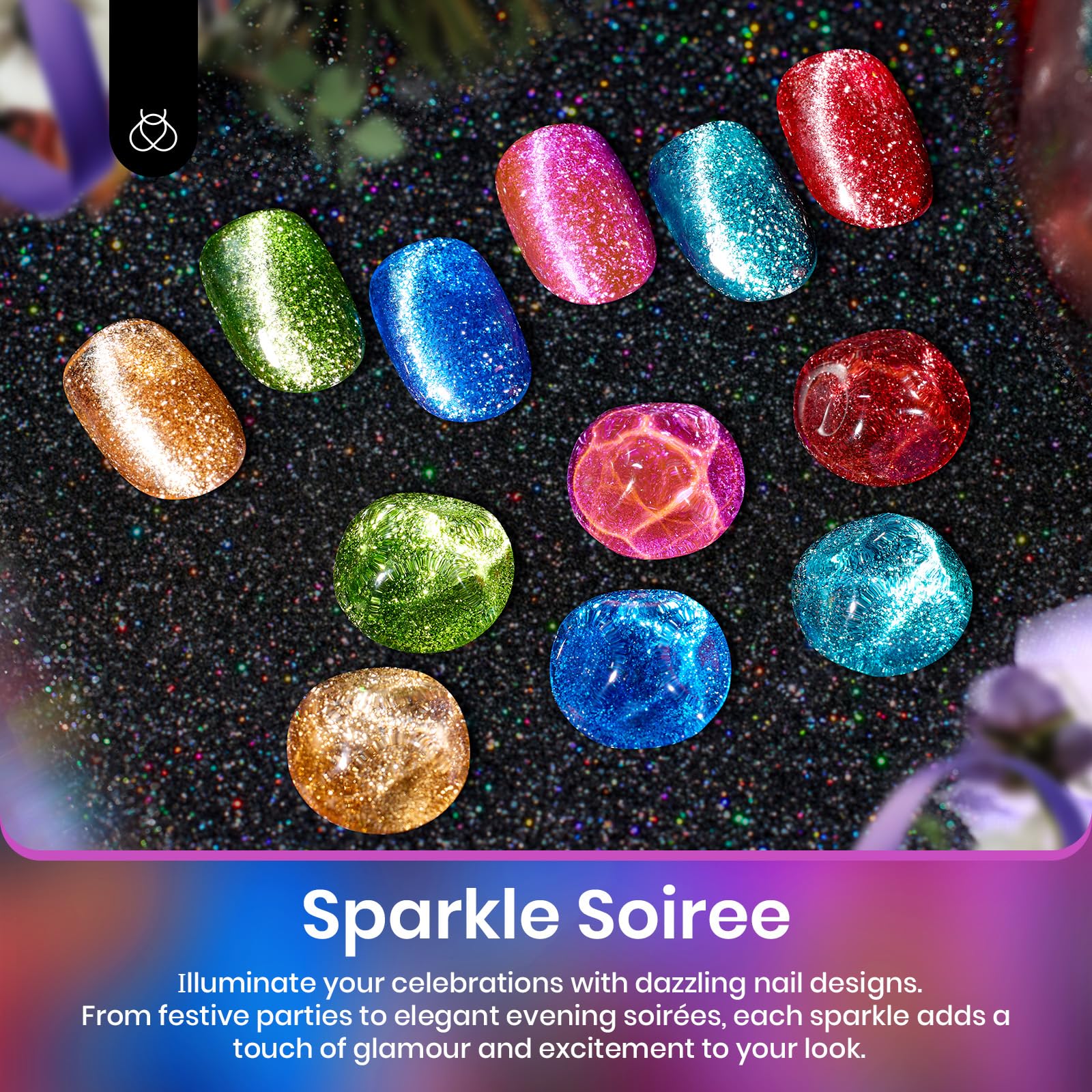 Beetles Cat Eye Gel Nail Polish, 6 Colors Glitter Red Green Blue Purple Gold Cat Eye Shimmer Gel Polish, Soak Off Sparkle Stunni