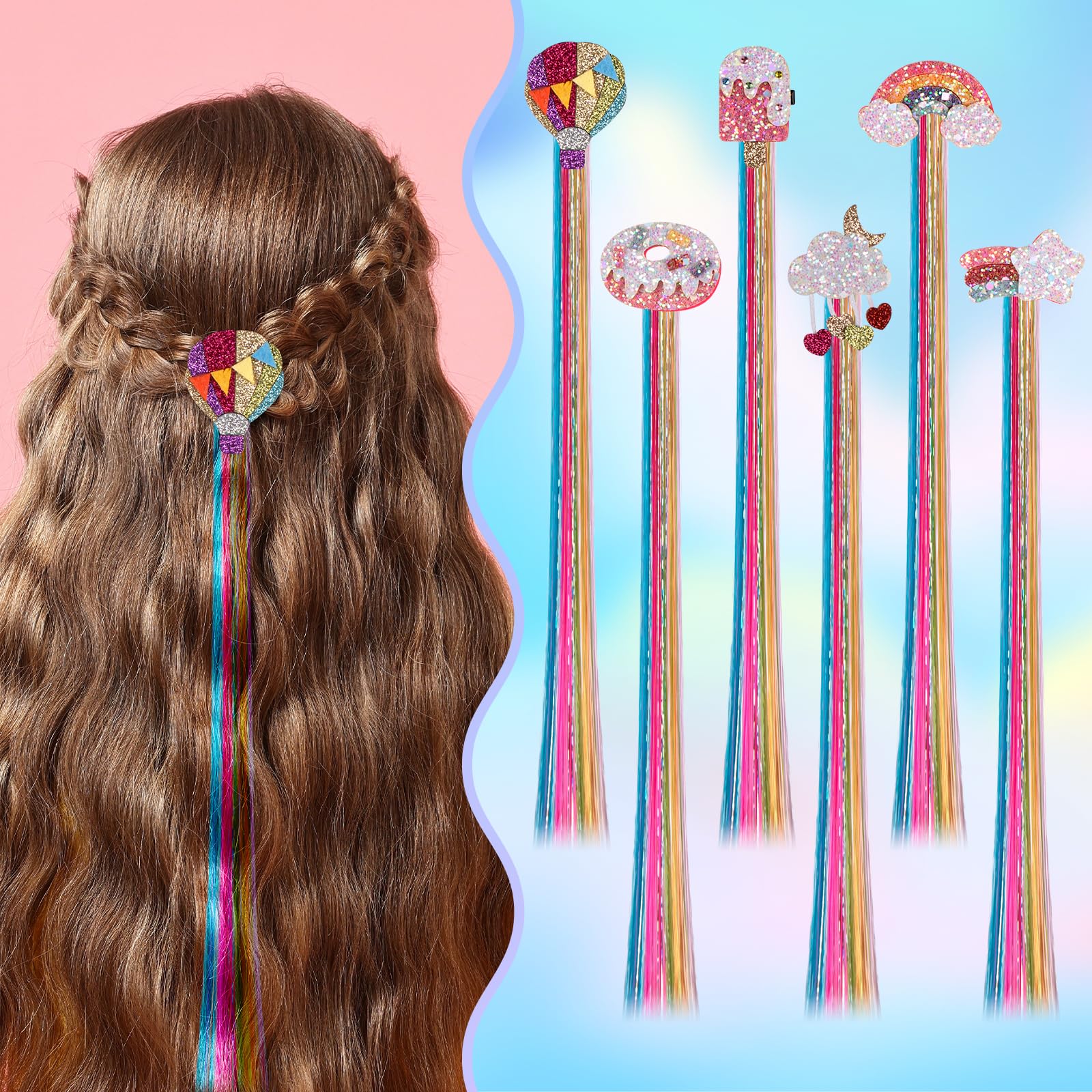 6 Pcs Hair Clips For Girls, 15In Rainbow Hair Extensions For Kids, Colored Girl Hair Accessories, Little Girl Hairpieces For Par