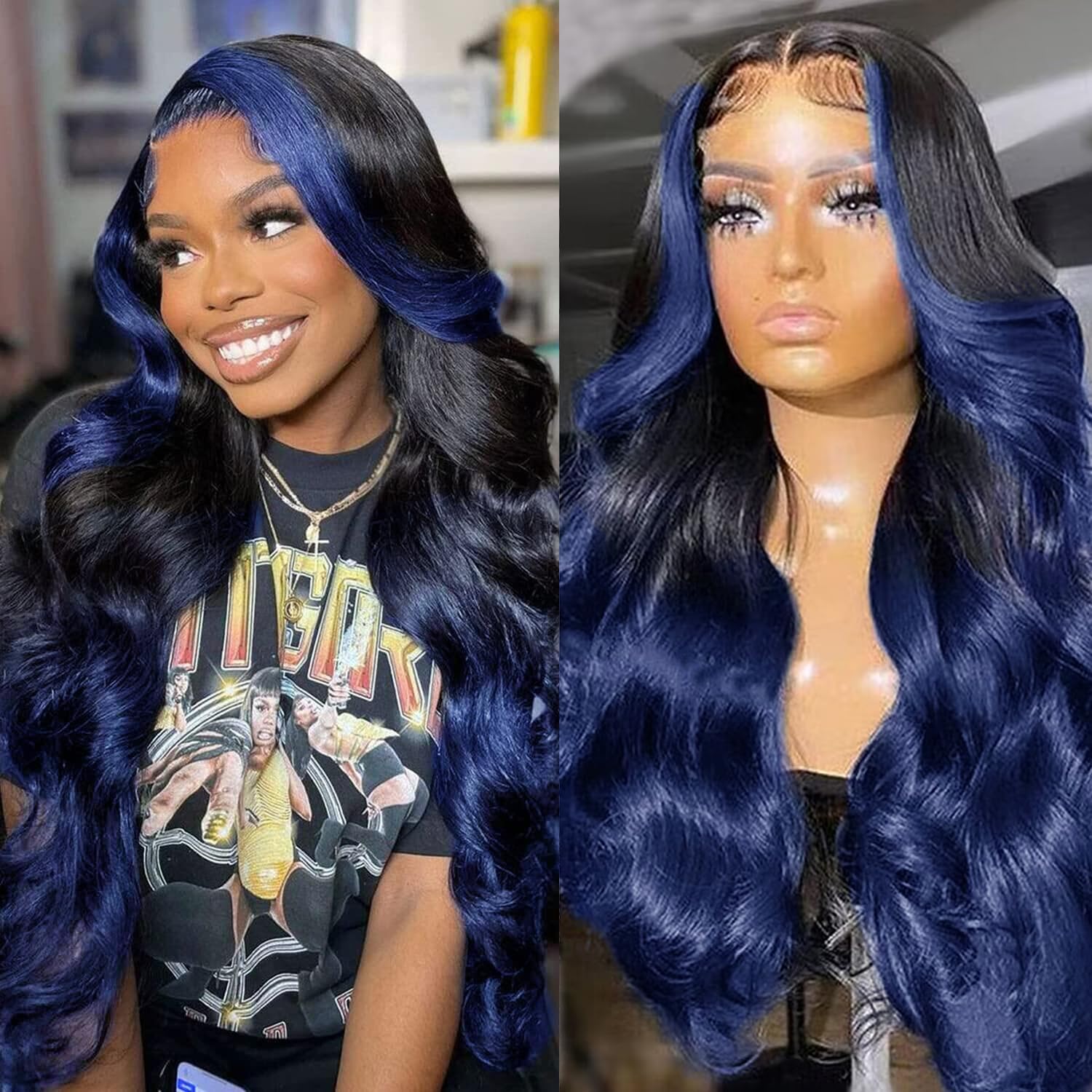 Ombre Blue13x4 Lace Front Wigs Human Hair Body Wave 1B/Blue Skunk Stripe Lace Frontal Wigs Pre Plucked Hairline Royal Blue Highl