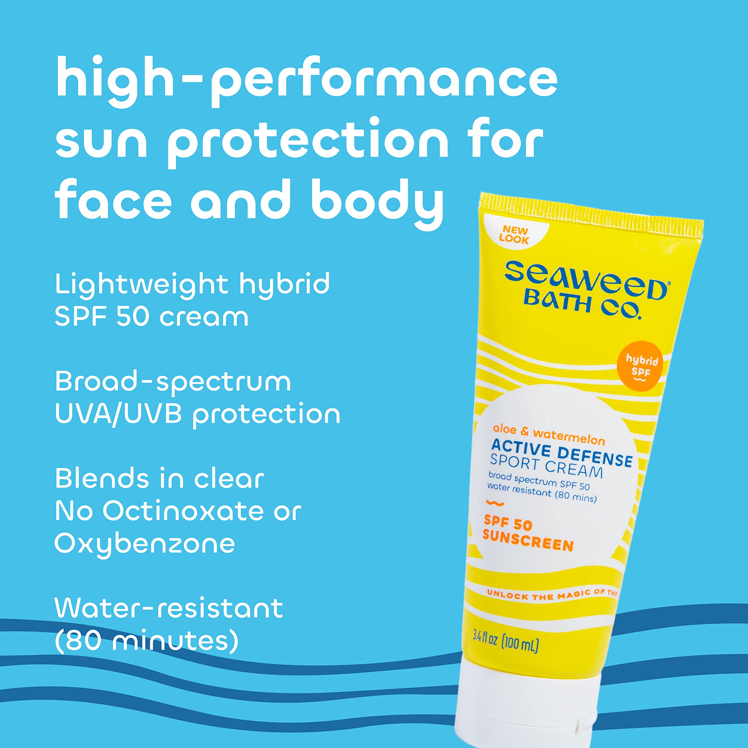 Seaweed Bath Co. Active Defense Spf 50 Sport Broad Spectrum Hybrid Sunscreen Cream, 3.4 Ounce (Pack Of 2), Sustainably Harvested