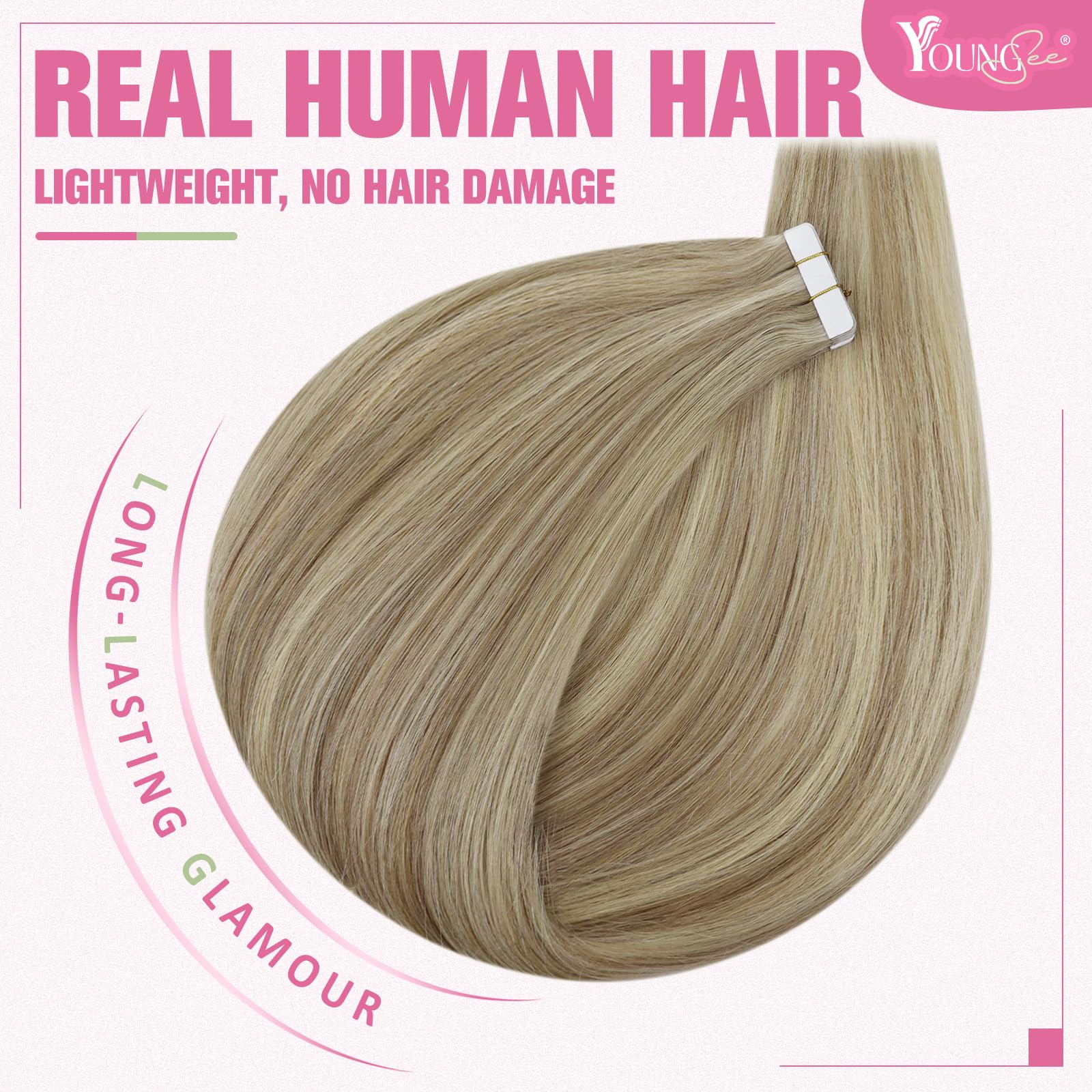 YoungSee Tape in Extensions Human Hair Highlight Blonde Invisible Tape in Hair Extensions Human Hair Blonde Highlight Hair Exten