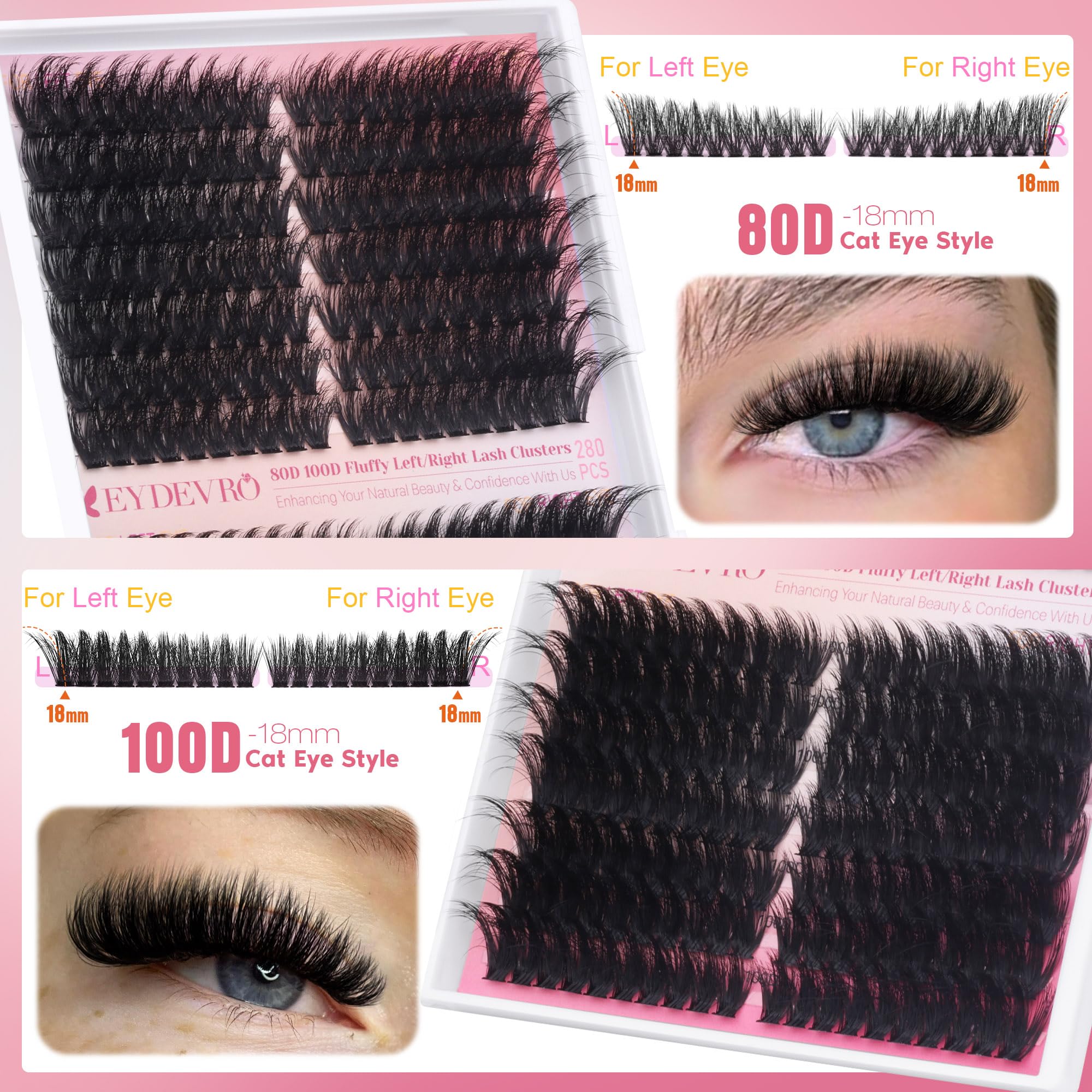 Eydevro Fluffy Lash Clusters Kit 80D100D Volume Lash Extension Kit 280 Pcs Left/Right Cluster Eyelash Extension Kit D Curl Thick
