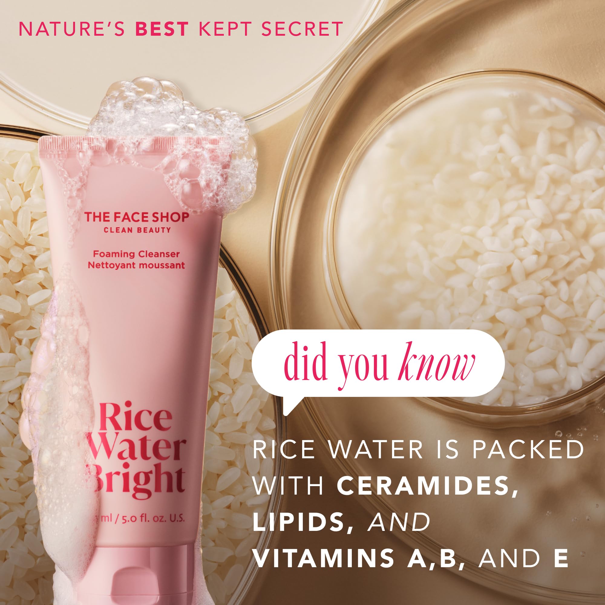 The Face Shop Rice Water Bright Foaming Facial Cleanser With Ceramide, Gentle Face Wash For Hydrating & Moisturizing, Vegan Face