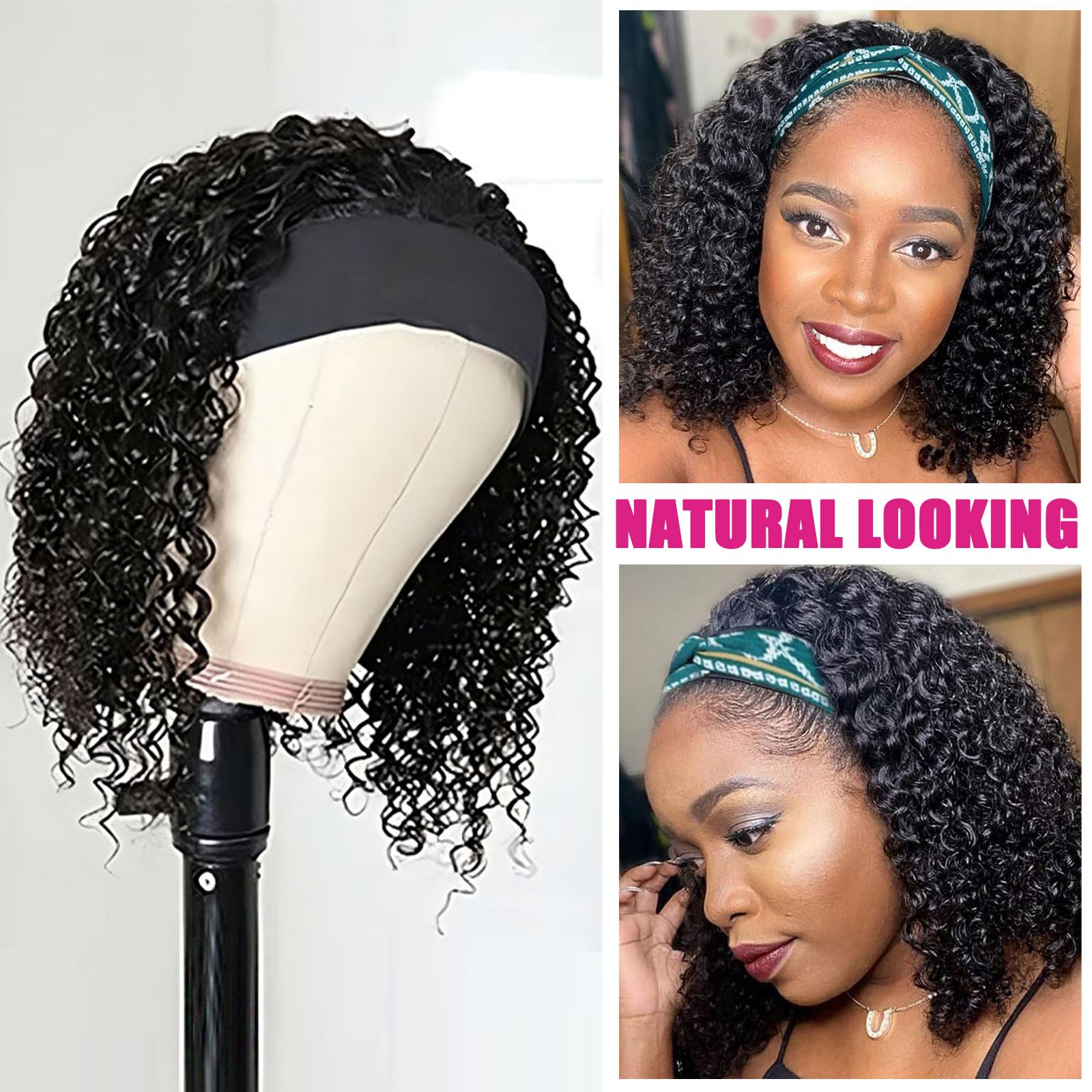Aisi Queens Headband Wig Human Hair For Black Women Curly Wigs Glueless Human Hair Short Curly Headband Wigs (12 Inch, Curly Hea