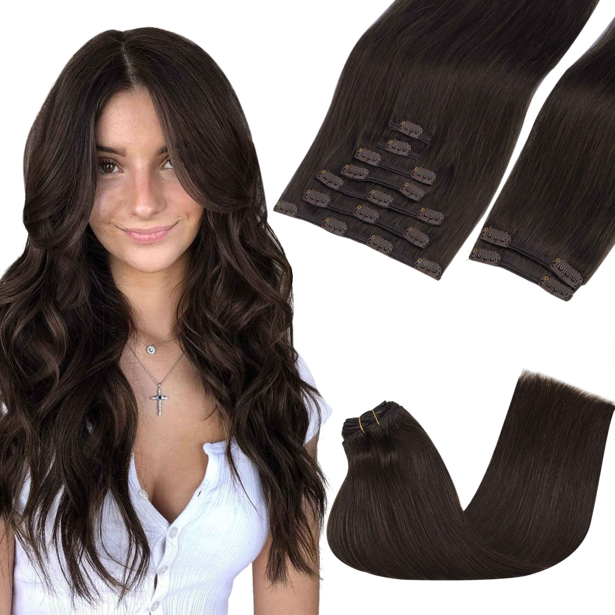 GOO GOO Clip in Hair Extensions Real Human Hair, 14inch 150g 9Pcs, 2A Light Brown, Remy Human Hair Extensions Clip ins for Women