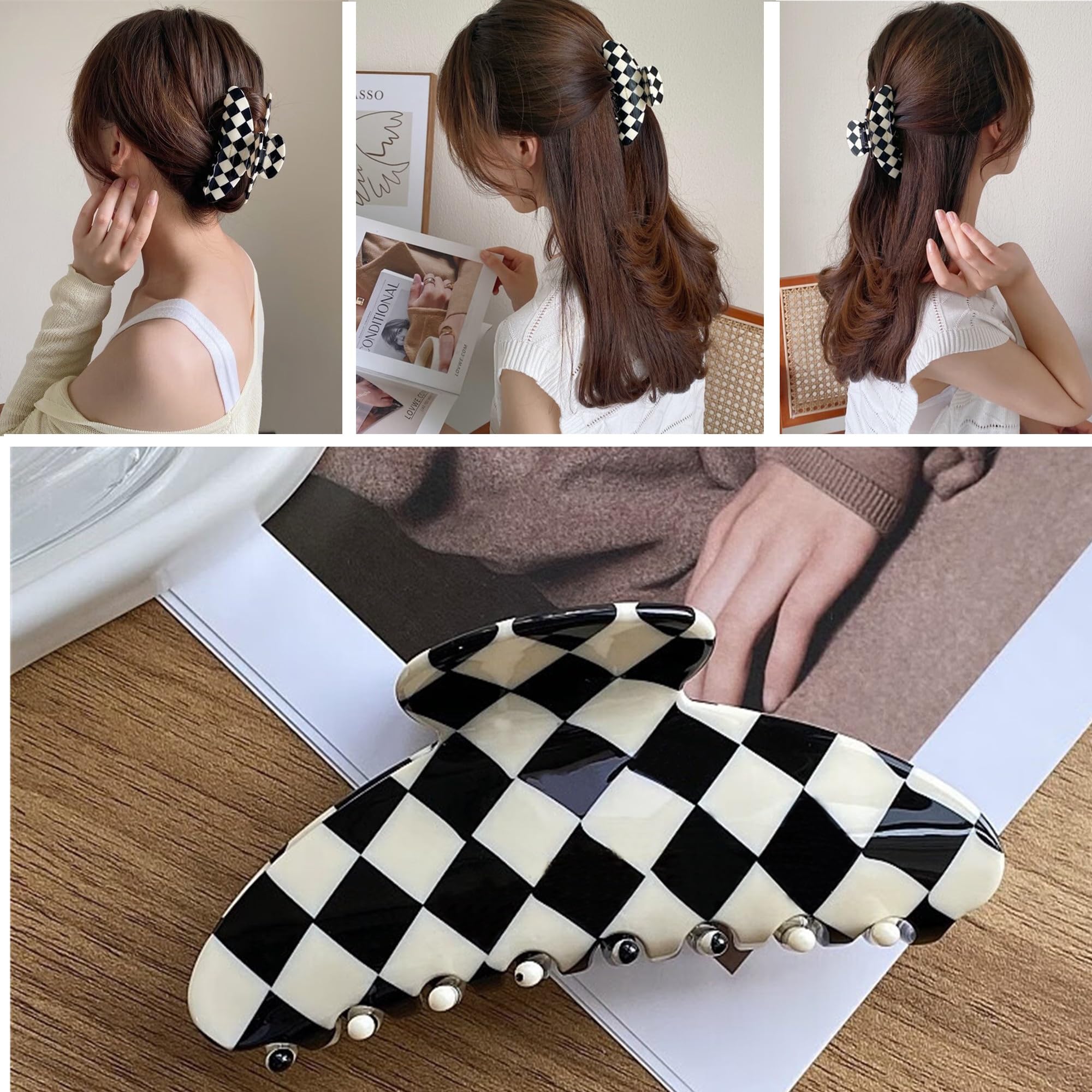 Womens Checkered Hair Clip Large Checkered Claw Clips Black And White Jaw Clip,2Pack