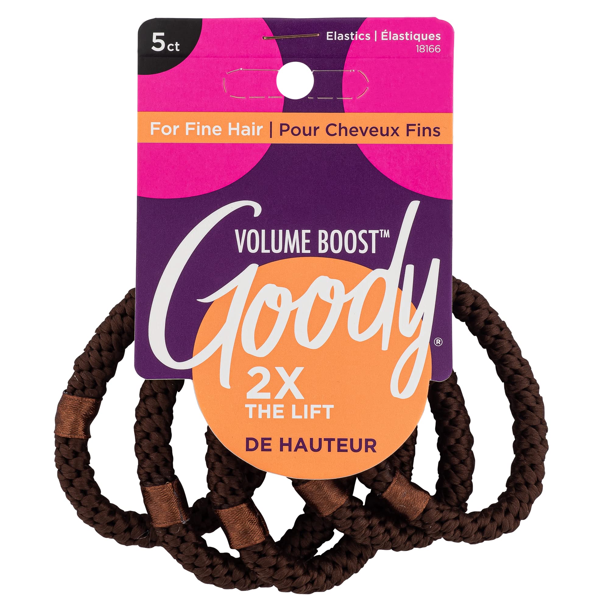 GOODY Volume Boost Ponytailers Elastics Hair Tie for Fine Hair - 5 Count, Brown - Ouchless Pain-Free Hair Accessories for Women,