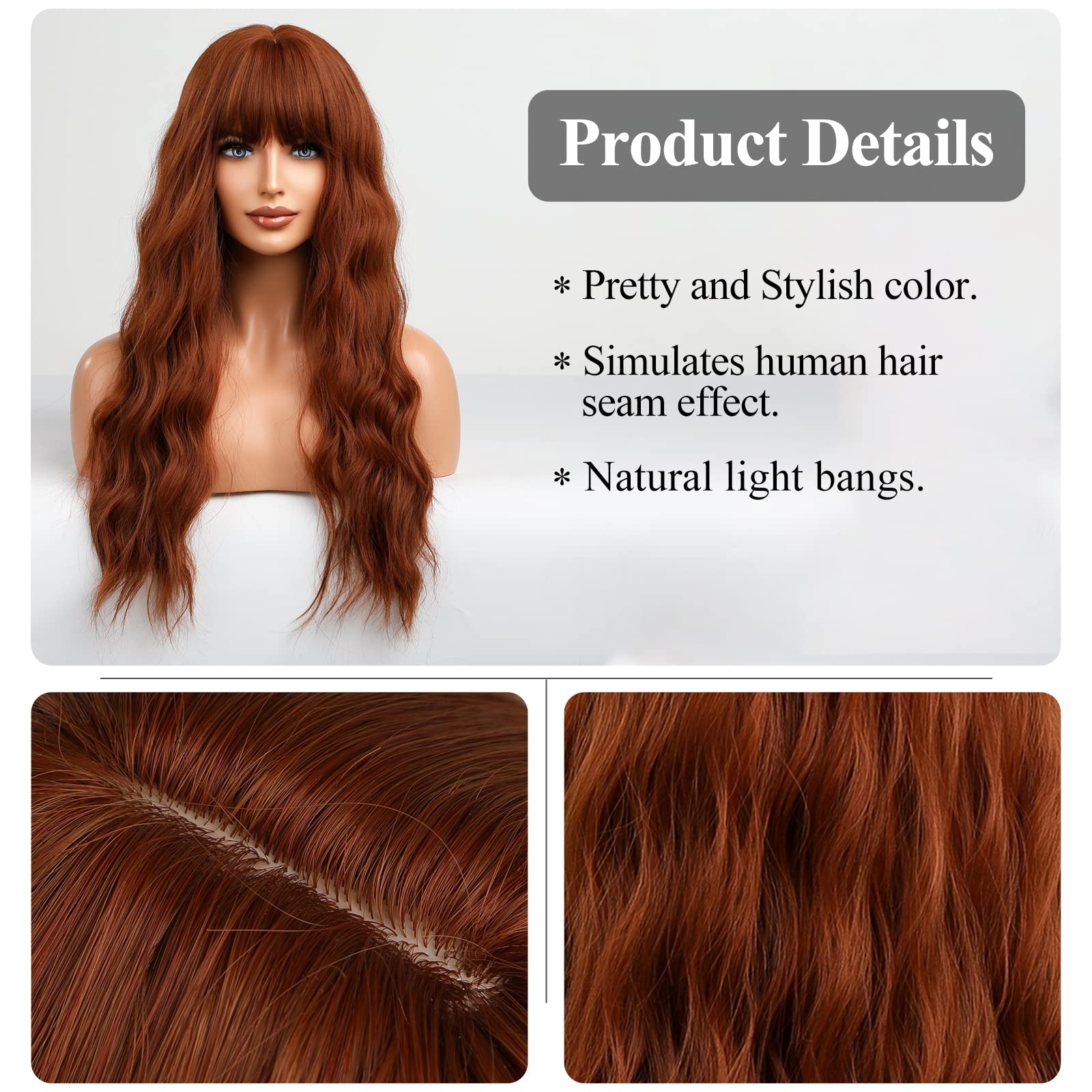HAIRCUBE Orange Wig with Bangs Long Copper Red Curly Wigs for Women Long Auburn Wig Heat Resistant Natural Synthetic Wig for Dai