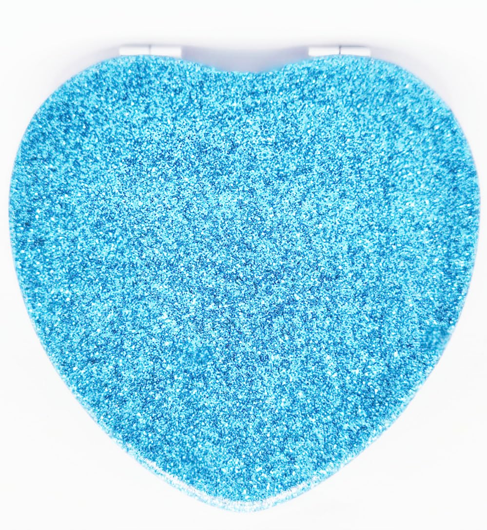 Mpowtech Cute Heart Shaped Compact Mirror For Purse,Blue Travel Mirror With Glitter,Leather Small Pocket Mirror,Portable 2 X 1X
