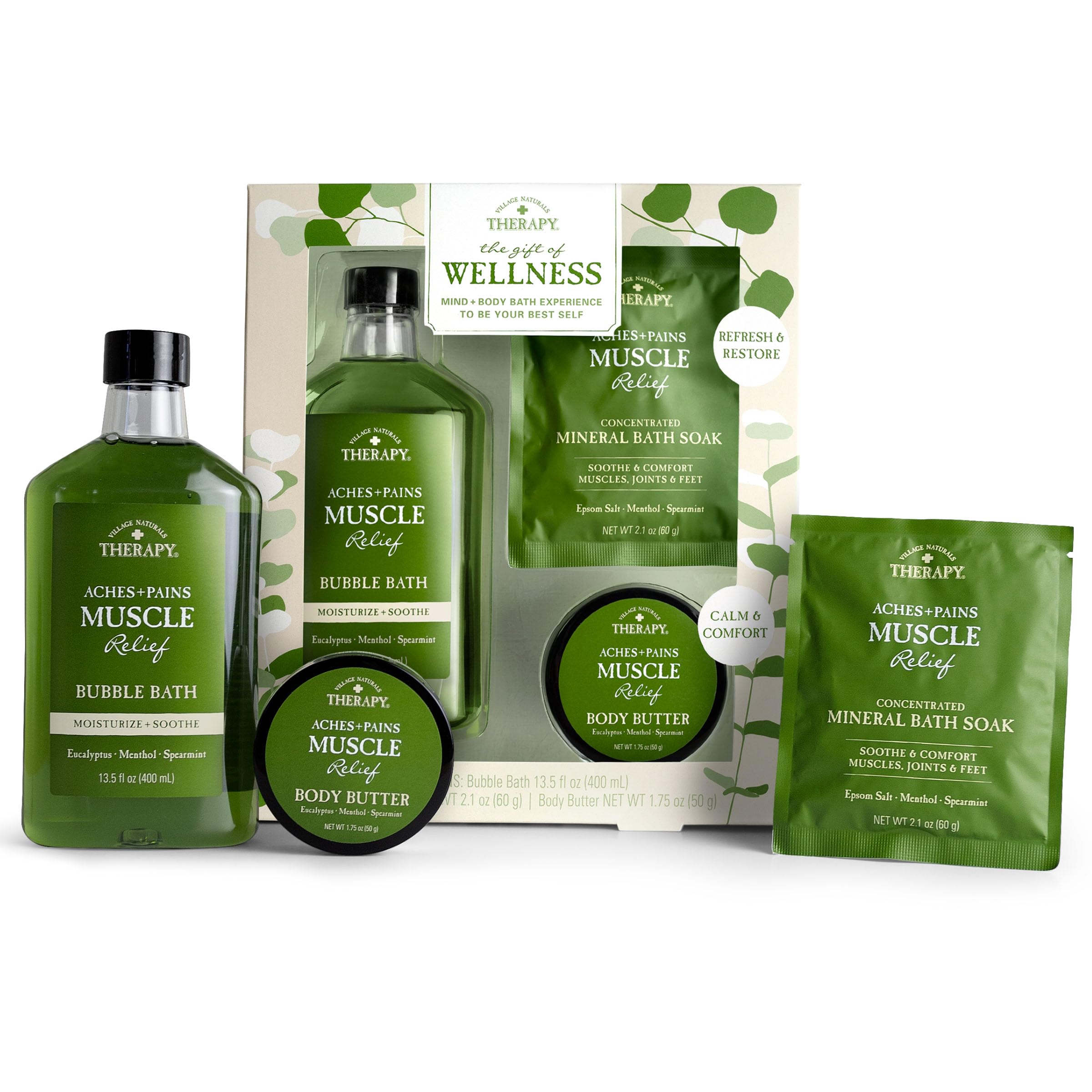 Village Naturals Therapy 3-Piece Relaxing Muscle Wellness Spa Gift Set, Eucalyptus Mint Scent