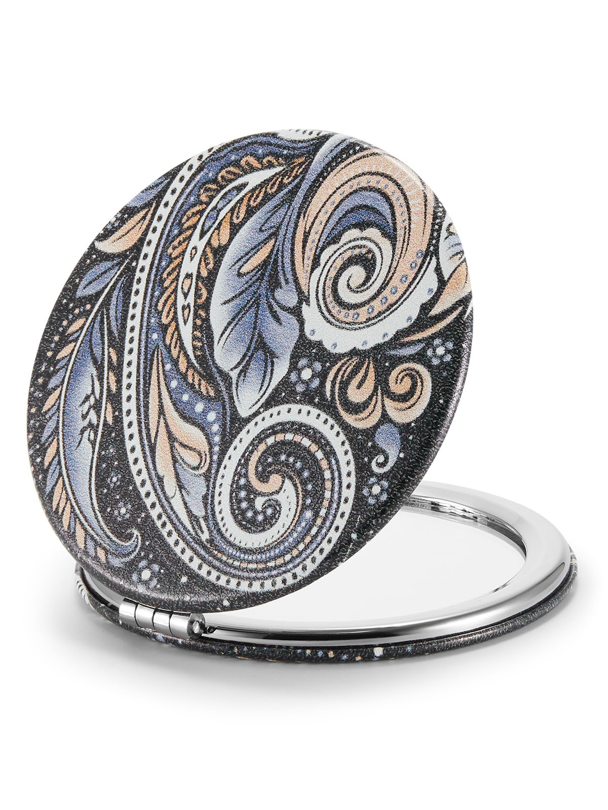 Omiro 1X/10X(300R) Compact Magnifying Mirror, Unique Painting Pocket Mirror With Classical Pu Leather (Round,Paisley)