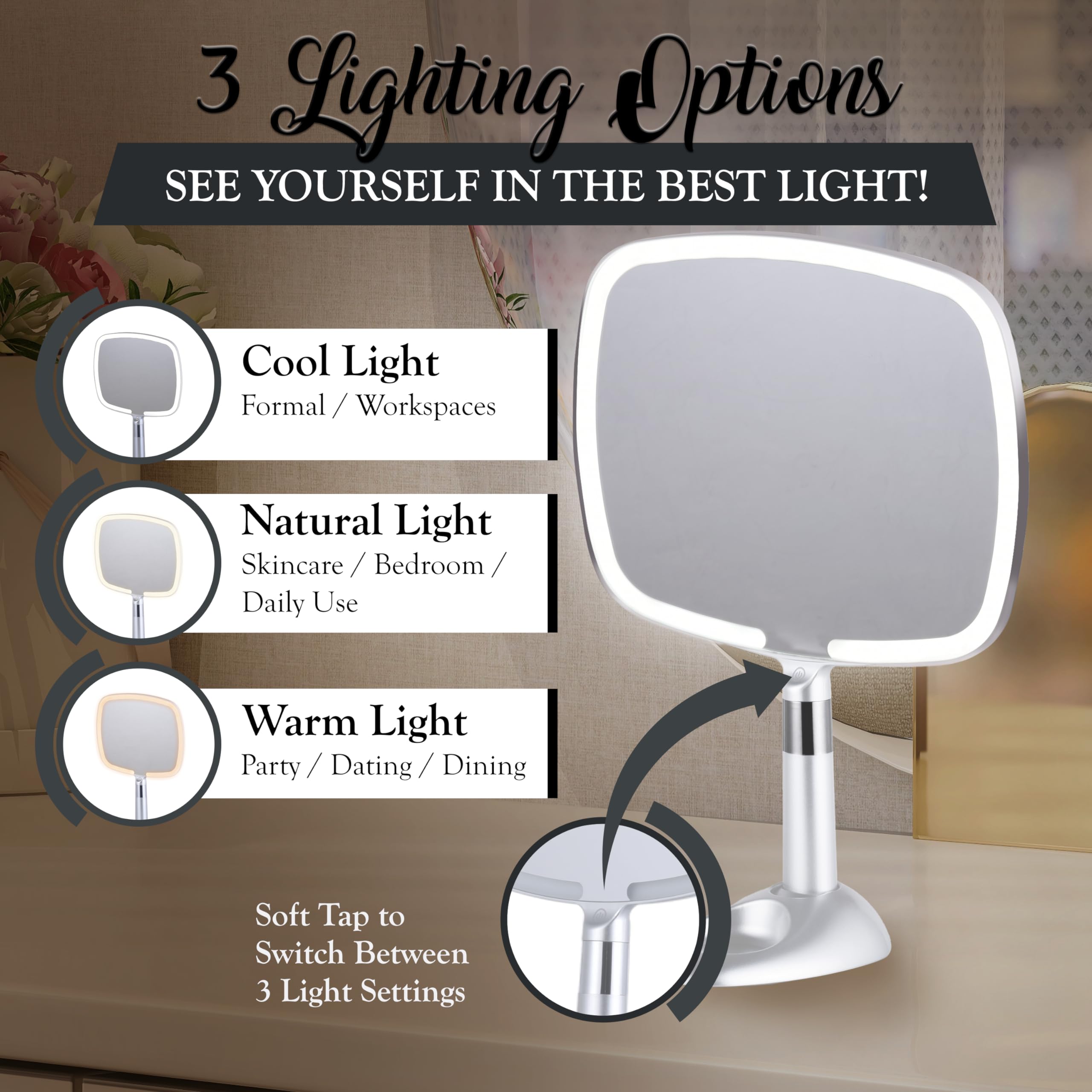 MIRRORVANA Lighted Travel Makeup Mirror - 2 in 1 Hand Mirror & Table Mirror with 3 Lighting Modes, Detachable Stand and Comfy Ha