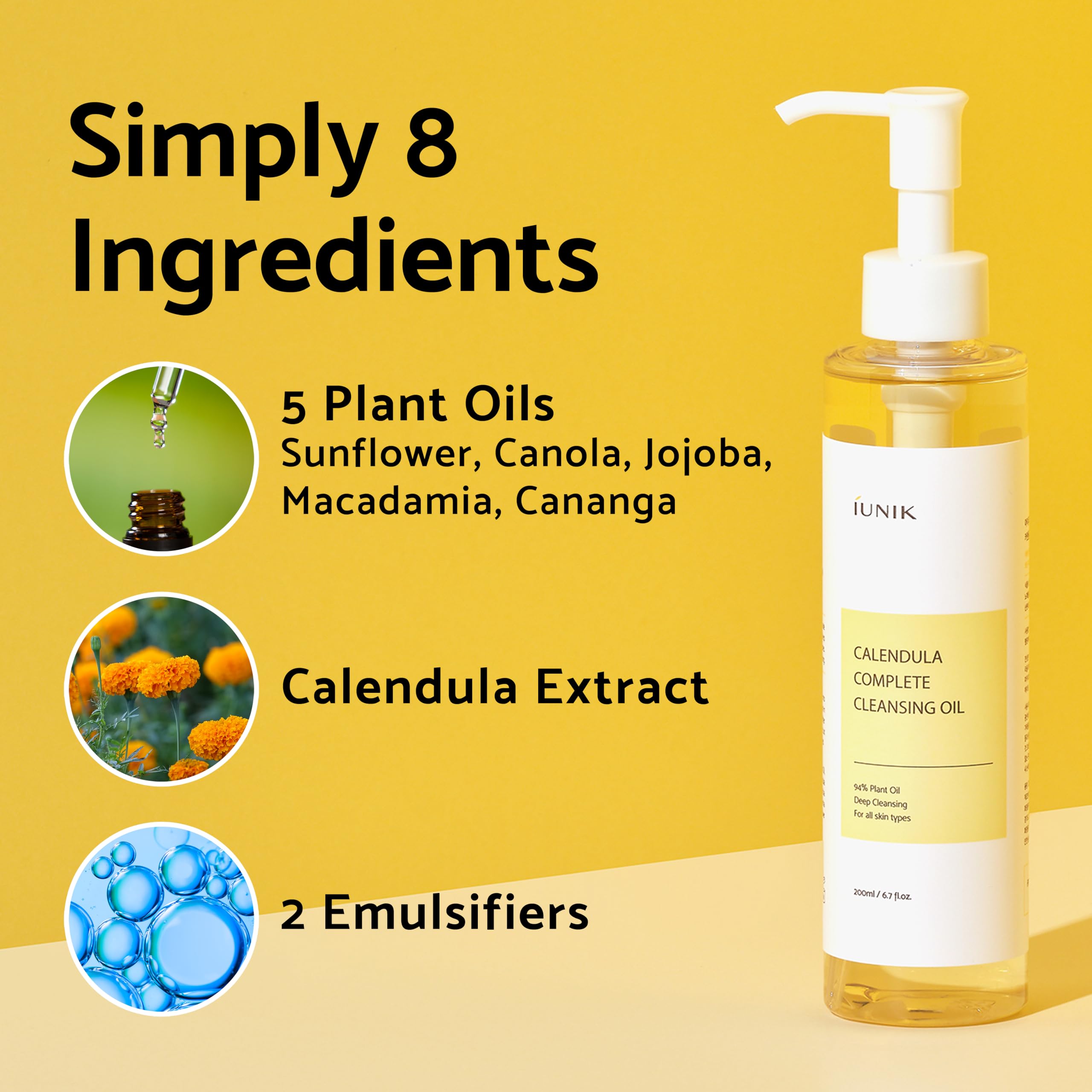 Iunik Calendula & Jojoba Oil-Infused Vegan Cleansing Oil - Gentle Blackhead Melting & Makeup Remover Facial Cleanser W/ 94% Plan