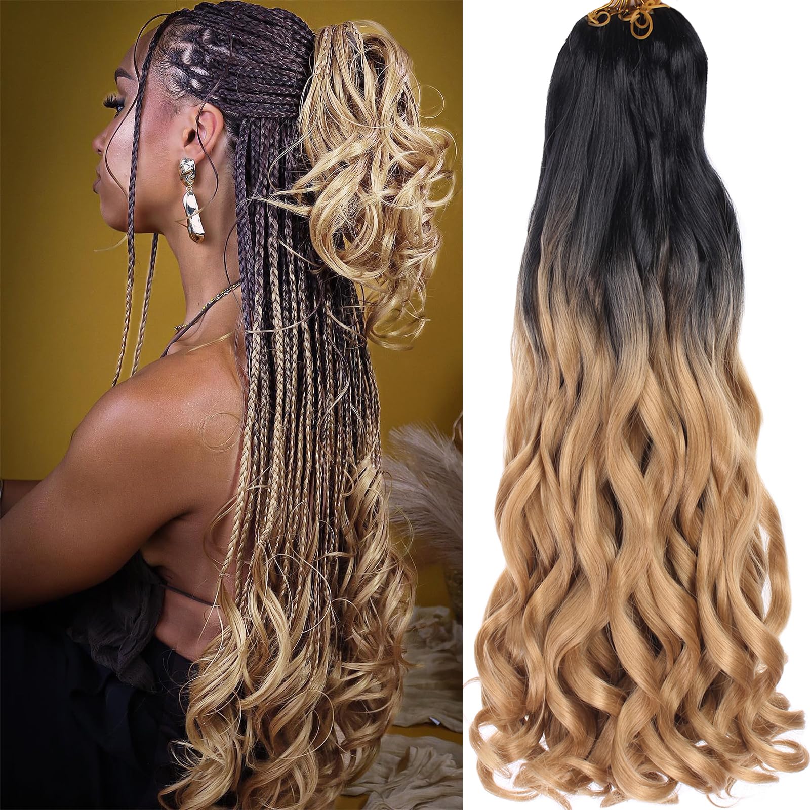 COOKOO 9 Packs Ombre Blonde French Curly Braiding Hair 22 Inch Loose Wavy Spanish Curly Braids Hair with Curly Ends Bouncy Braid