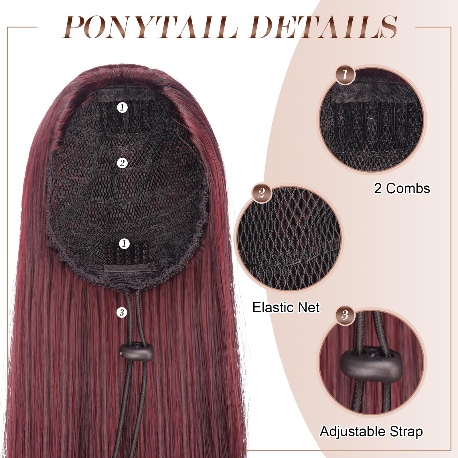 Feshfen Straight Ponytail Extensions Long Drawstring Pony Tails Natural Synthetic Hairpiece Clip In Ponytails Hairpieces For Wom