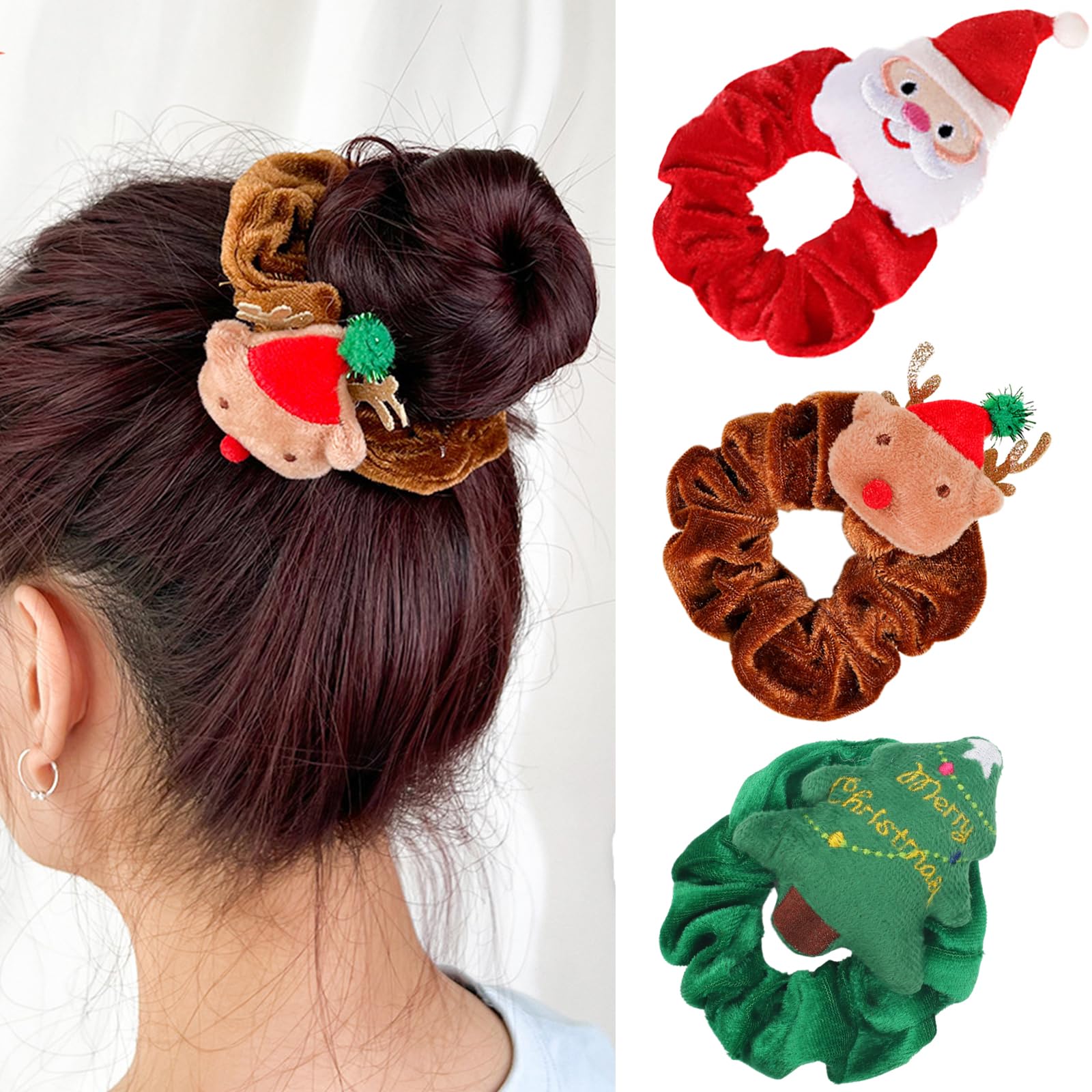 Christmas Hair Ties Hair Scrunchies for Women Christmas Tree Hair Elastic Santa Claus Hair Tie Reindeer Scrunchy Green Red Brown