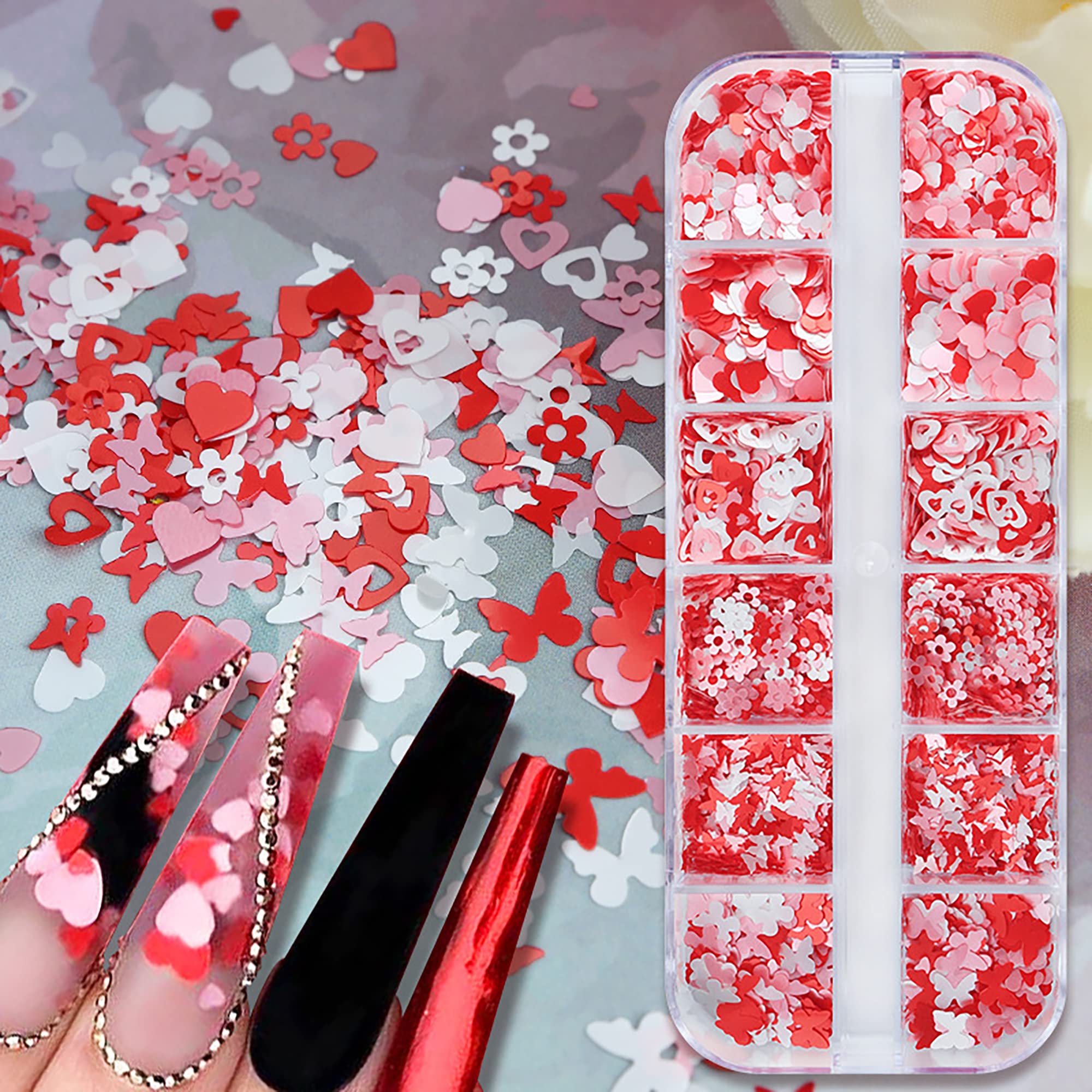 Addfavor 4 Boxes Valentine Nail Glitter Mixed Shaped Pink Purple White Heart Flower Colorful Round Nail Sequins Lash Decals For