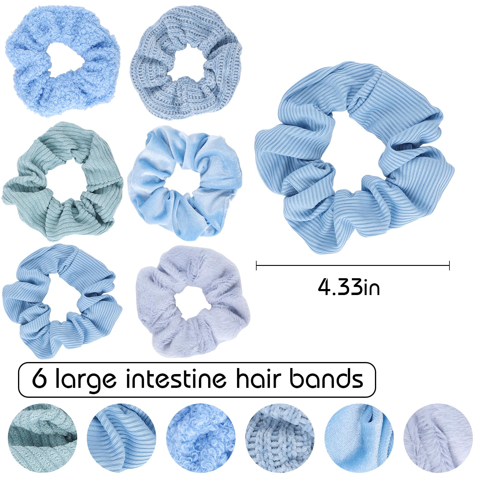 Scrunchies For Women Girls 6Pcs Blue Velvet Scrunchies For Thick Hair Ultra Textured Soft Scrunchy Hair Ties Solid Elastic Hair