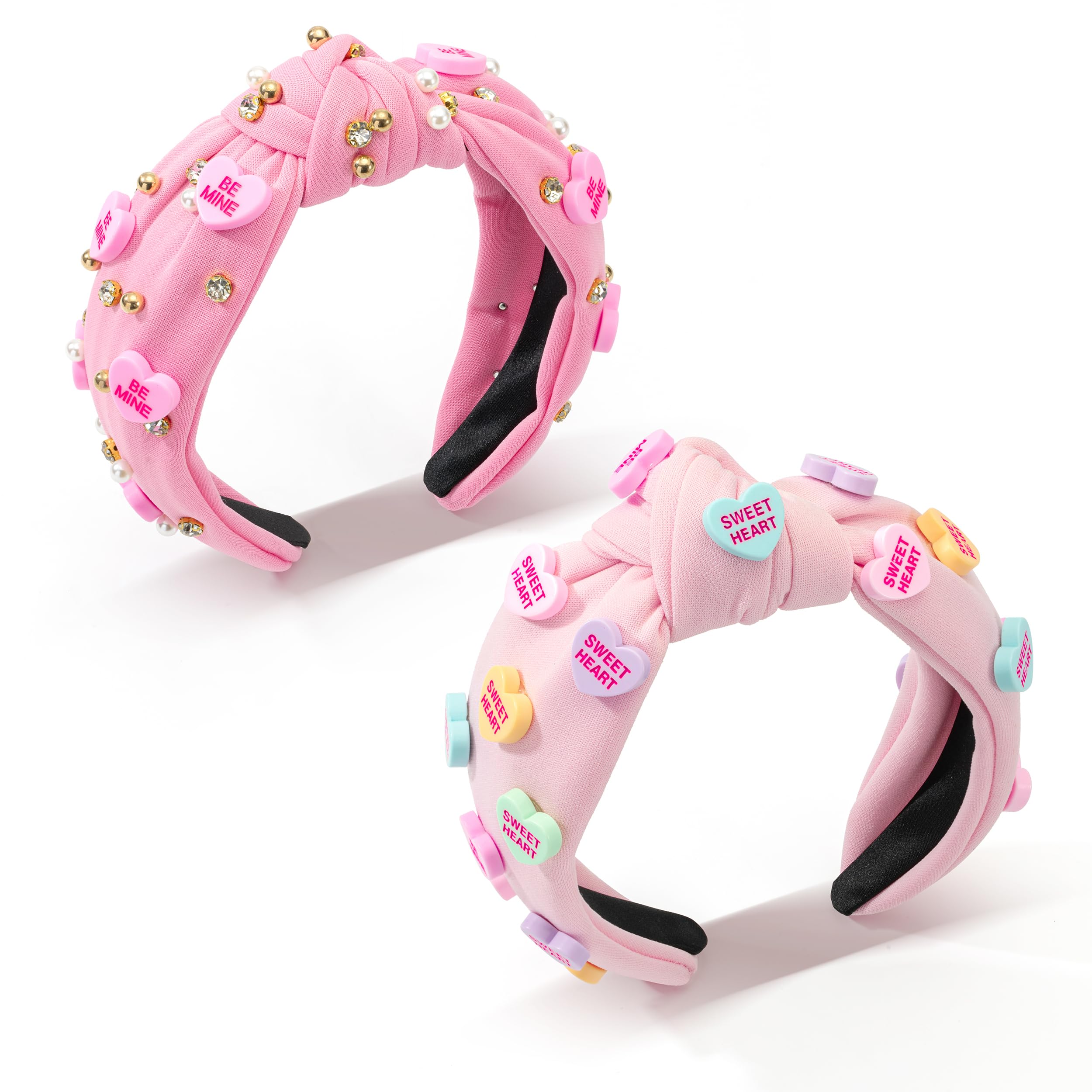 2Pcs Valentine's Day Heart Candy Embellished Headband Conversation Heart Charm Knotted Headband Non Slip Wide Top Knot Fashion H