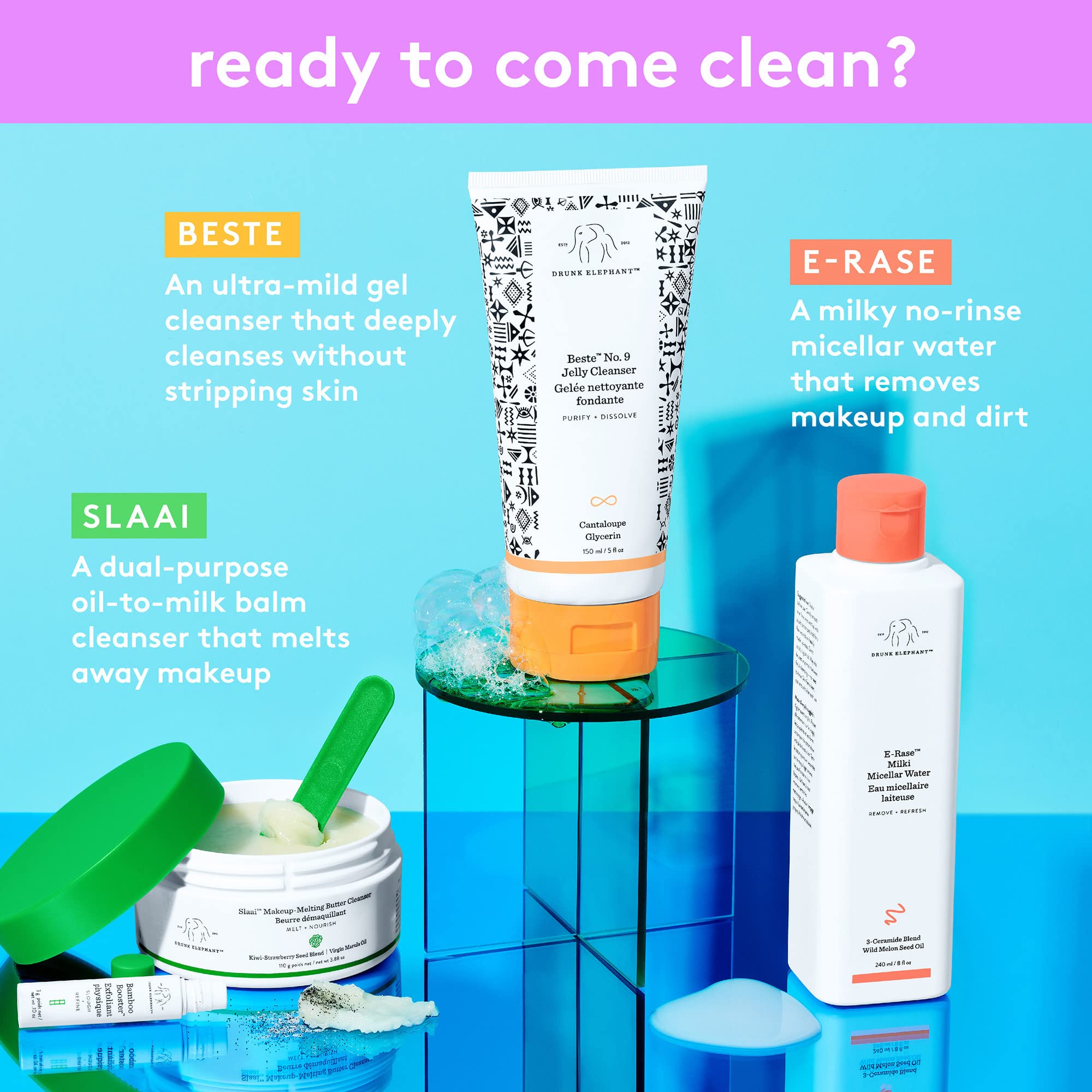 Drunk Elephant Slaai Makeup-Melting Butter Cleanser And Bamboo Booster. Innovative Makeup Removing Cleansing Balm That Melts Awa