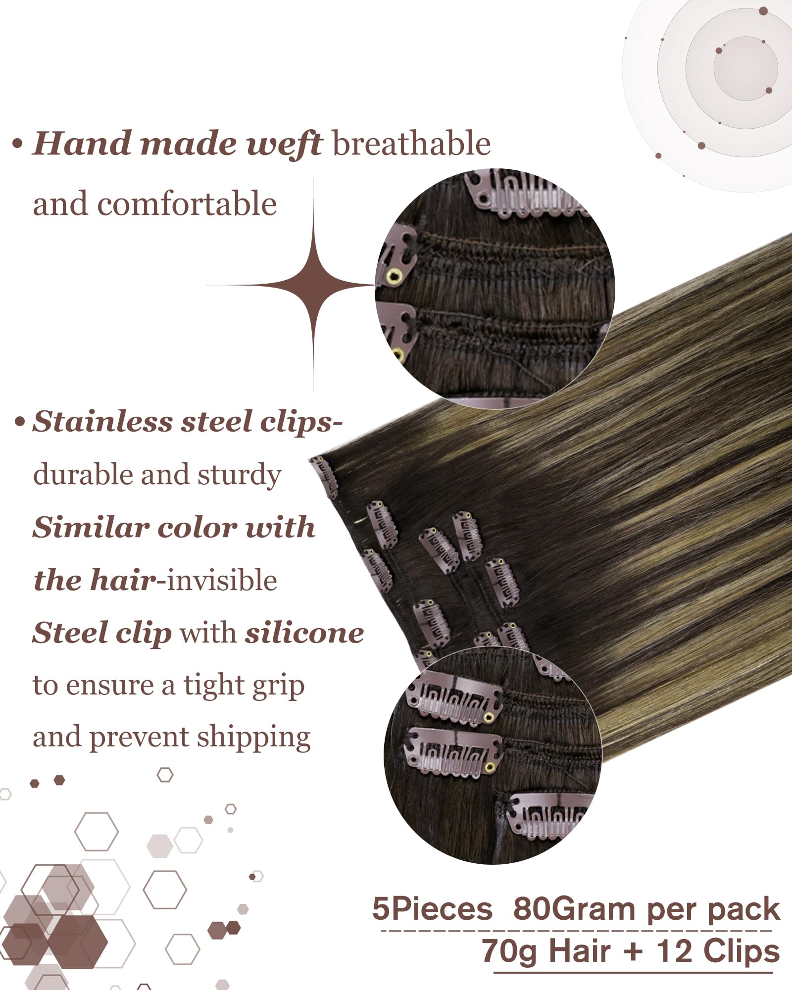 Hetto Balayage Brown Clip in Extensions Human Hair #4 Dark Brown to #27 Honey Blonde and #4 Chocolate Brown Clip in Human Hair 1