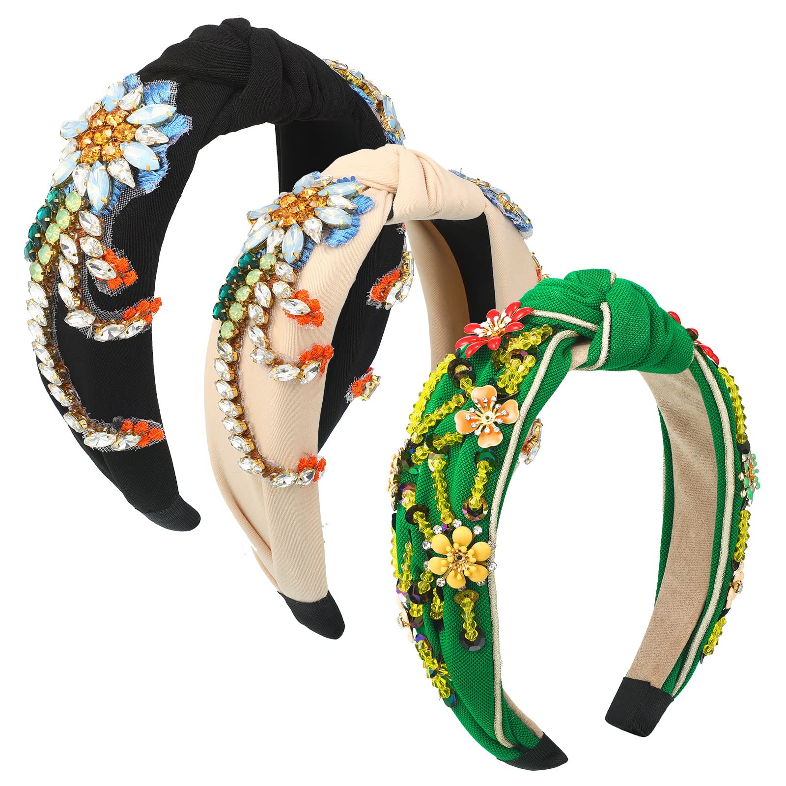 Giegxin 3Pcs Rhinestone Crystal Wide Headbands, Handmade Knot Vintage Women Headband Wide Hairbands Hair Hoops for Women Girls H