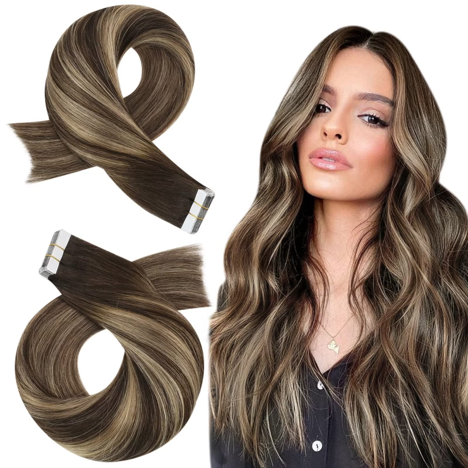 Moresoo Tape In Extensions Ombre 20 Inch Tape In Remy Human Hair Extensions 20Pcs Tape In Hair Extensions Brown To Blonde 4274 B