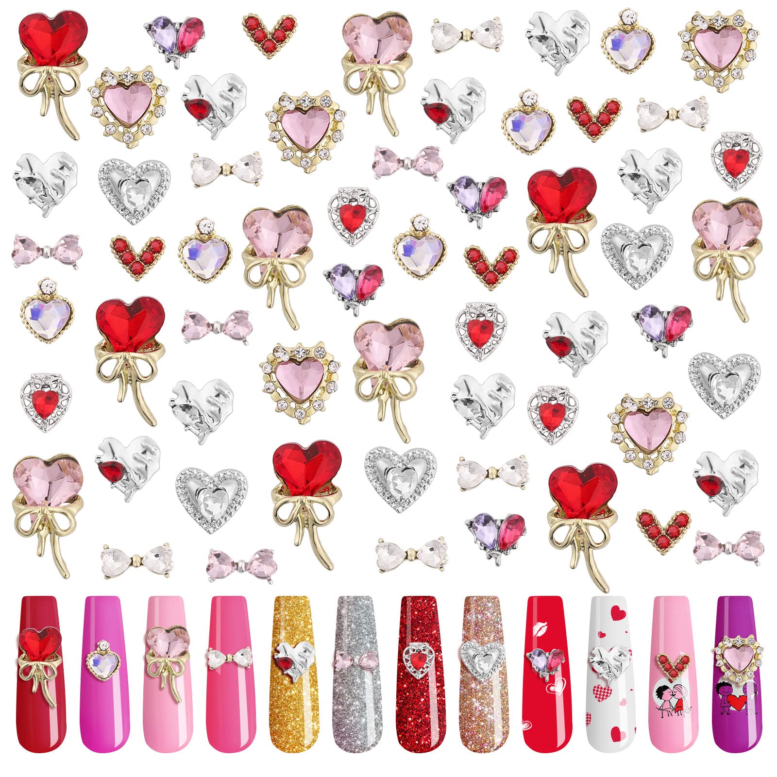 60PCS Heart Nail Rhinestones, Lorvain Metal Bows Diamond Charms for Makeup Nail Art Decorations 3D Romantic Alloy Nail Gems Hear