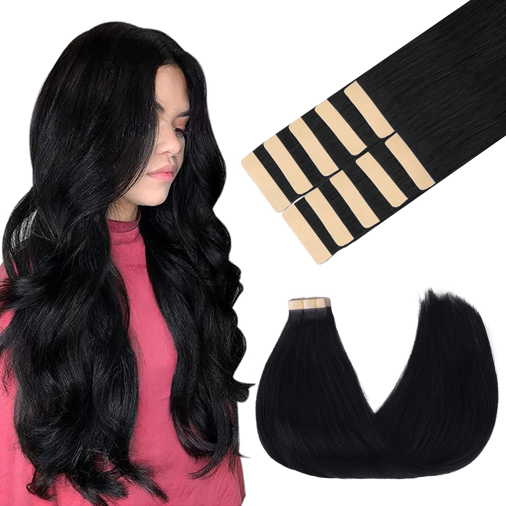 Goo Goo Tape In Hair Extensions Human Hair, 1 Jet Black, 18Inch 25G 10Pcs, Thick Ends Straight Seamless Tape In, Invisible Tape