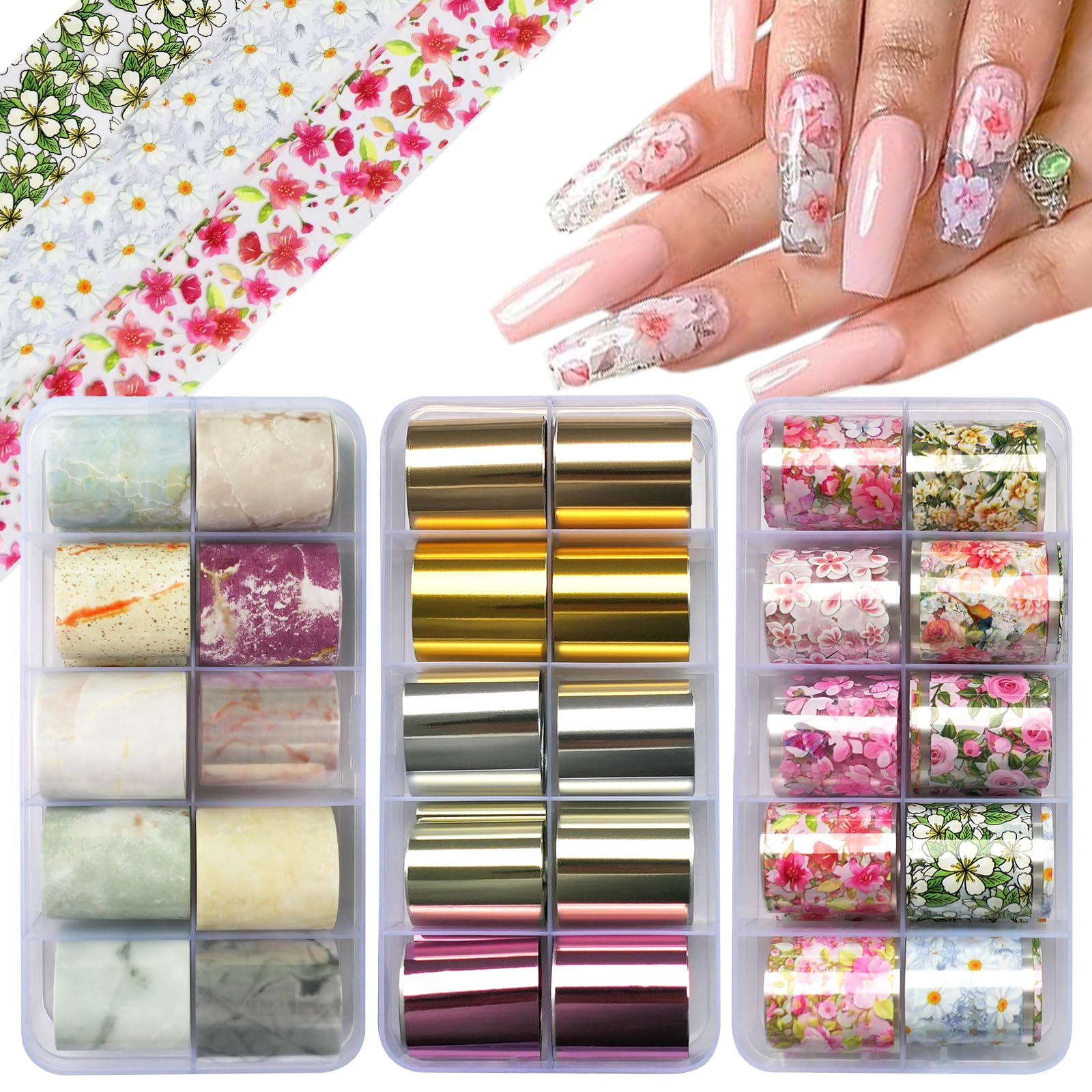 LoveOurHome 30 Sheet Metallic Nail Foils Sticker Marble Transfer Nail Foil Sticker Decals Flower Transfer Foil Stickers Wrap Gol
