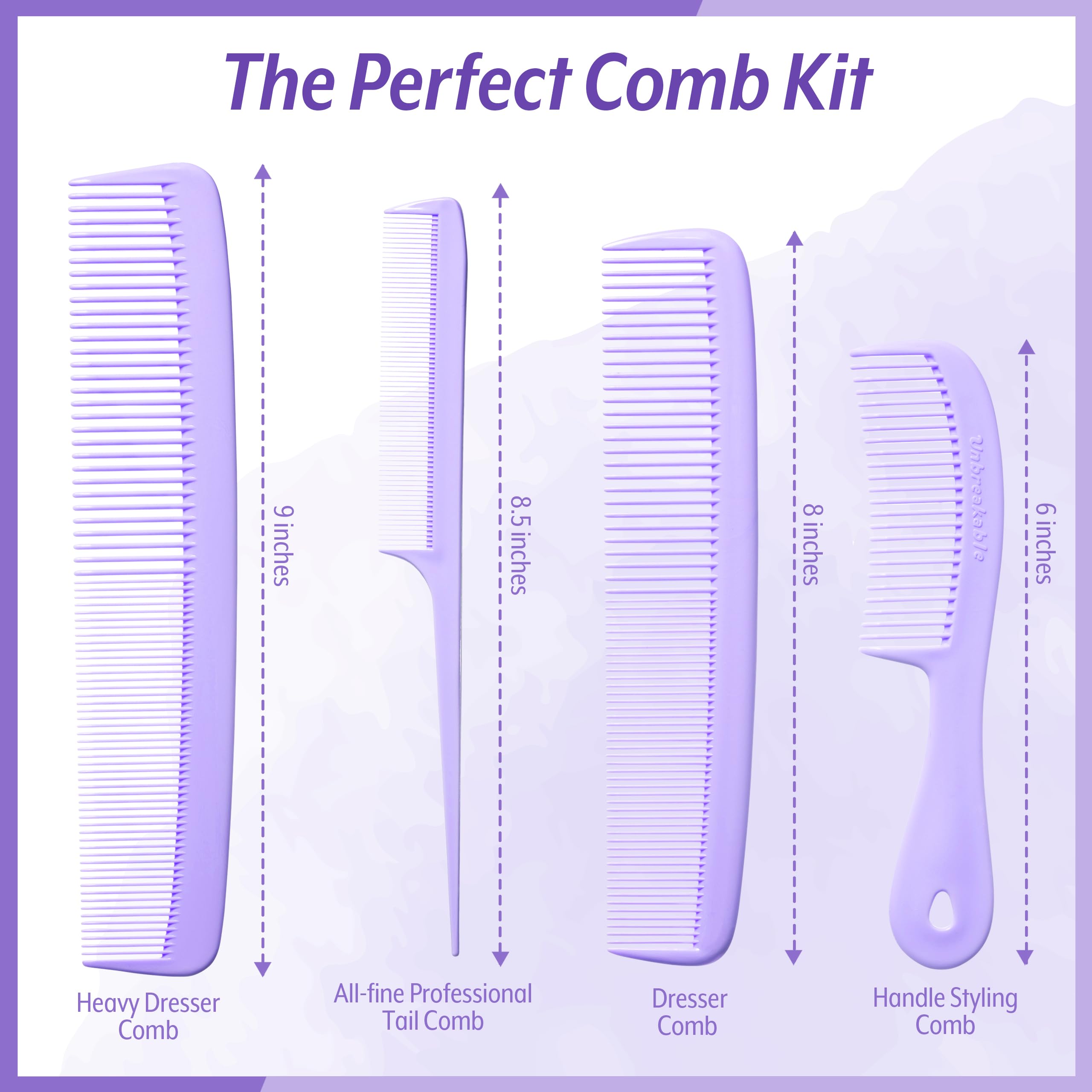 Mars Wellness 4 Piece Professional Comb Set Lavender - Usa Made - Fine Pro Tail Combs, Dresser Hair Comb Styling Comb - Premium