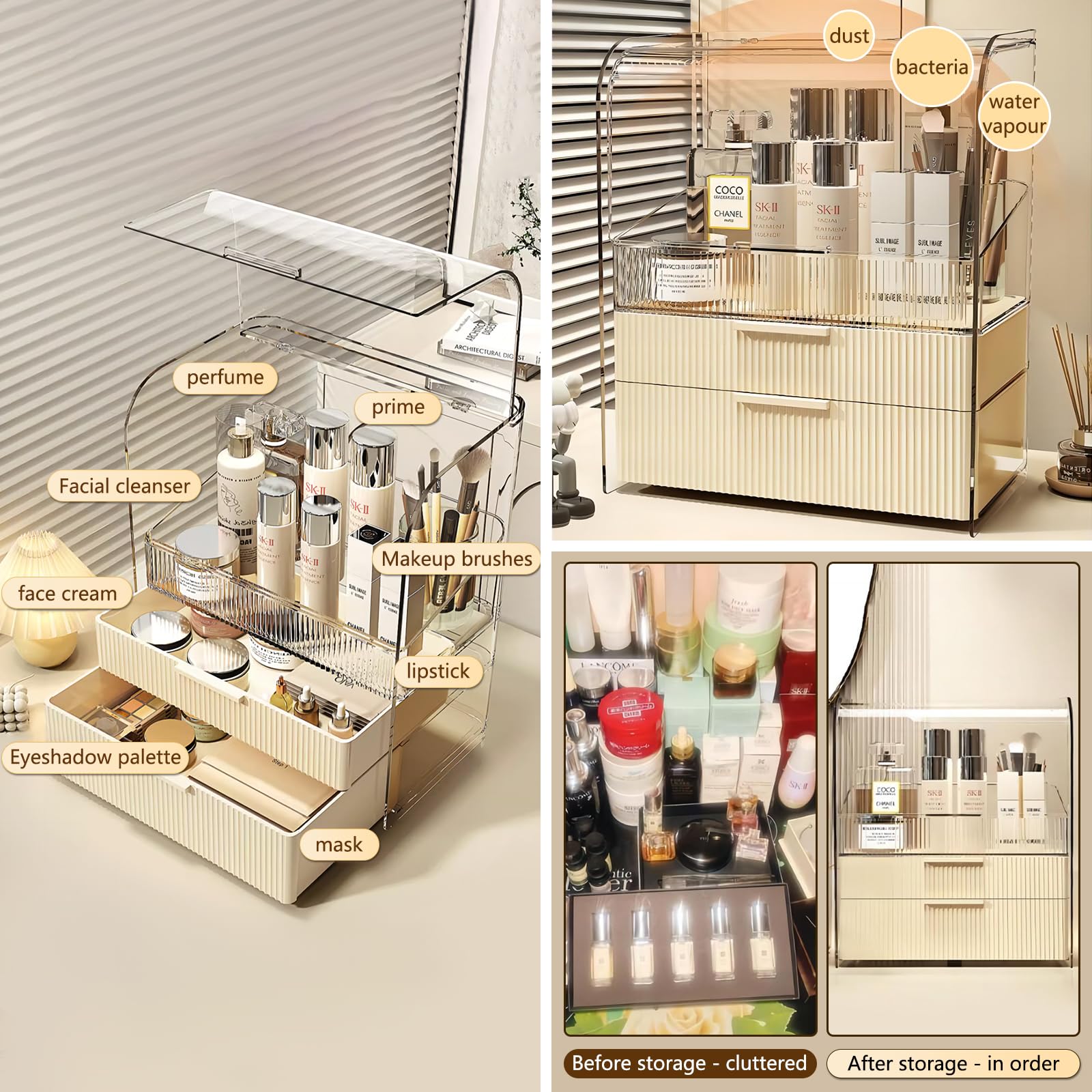 Dasiton Cream Cover Dustproof Three Layers Storage Box,Makeup Brush Holder,Large Capacity Desktop Storage Box With Drawer,For Be