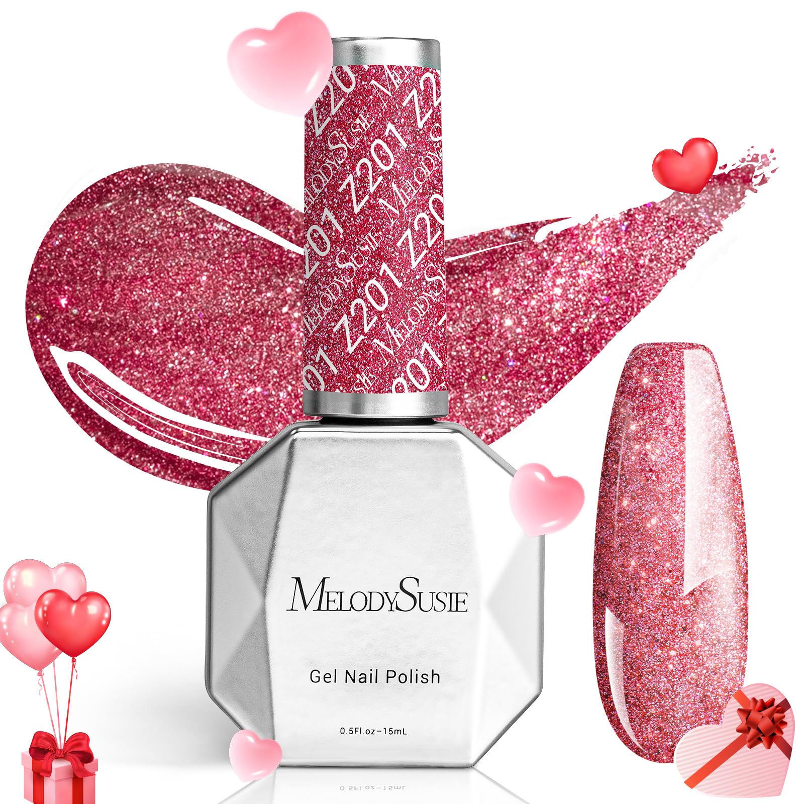 MelodySusie Pink Glitter Gel Nail Polish,0.5fl oz Nails Soak Off UV LED Strawberry Sparkle Pink Gel Polish Gift for Women Nail A