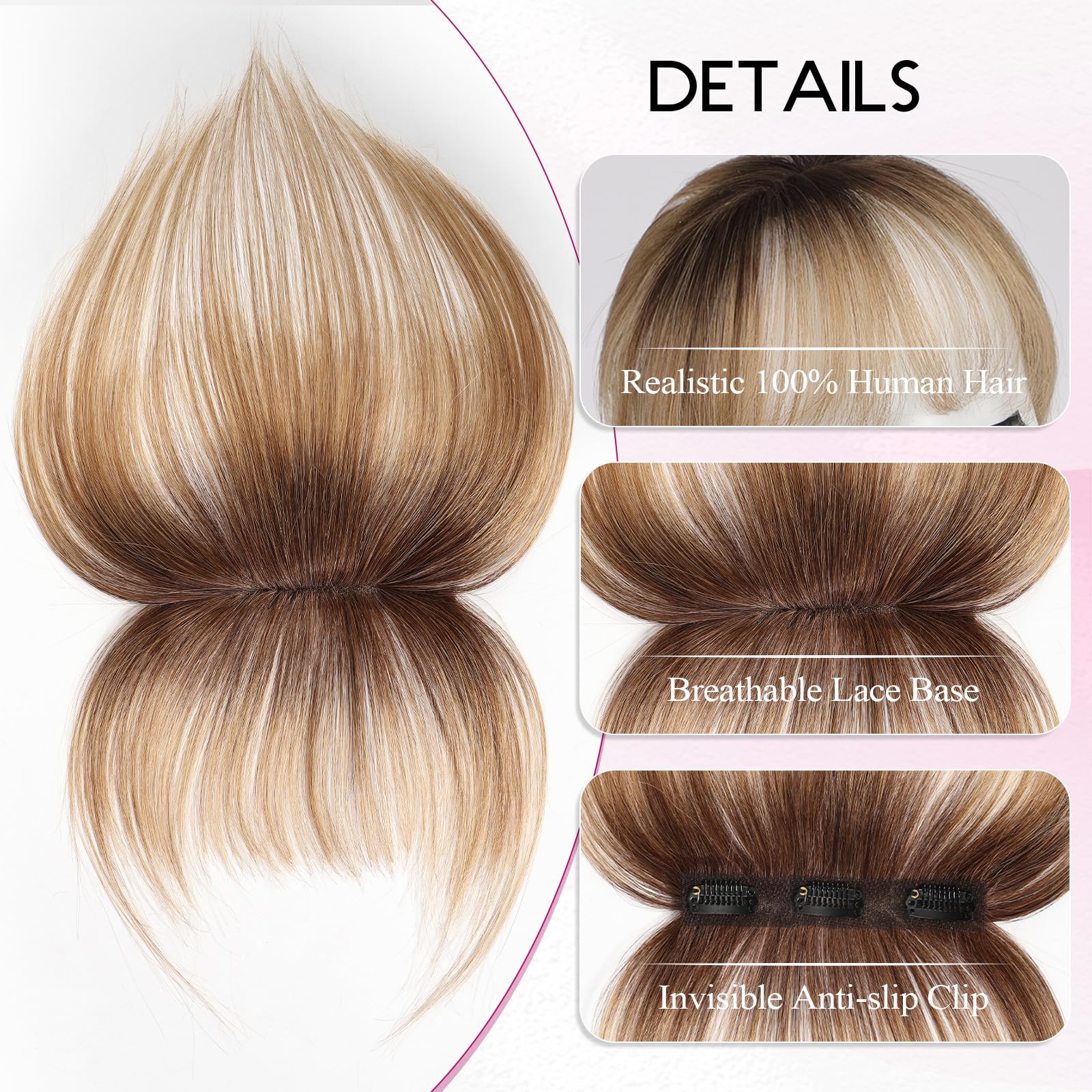 EMMOR Clip in Bangs - 100% Human Hair, 3D Wispy Bangs, Ombre Ash Blonde, Model ALH005-8, Non-slip Clips for Women's Facial Enhancement